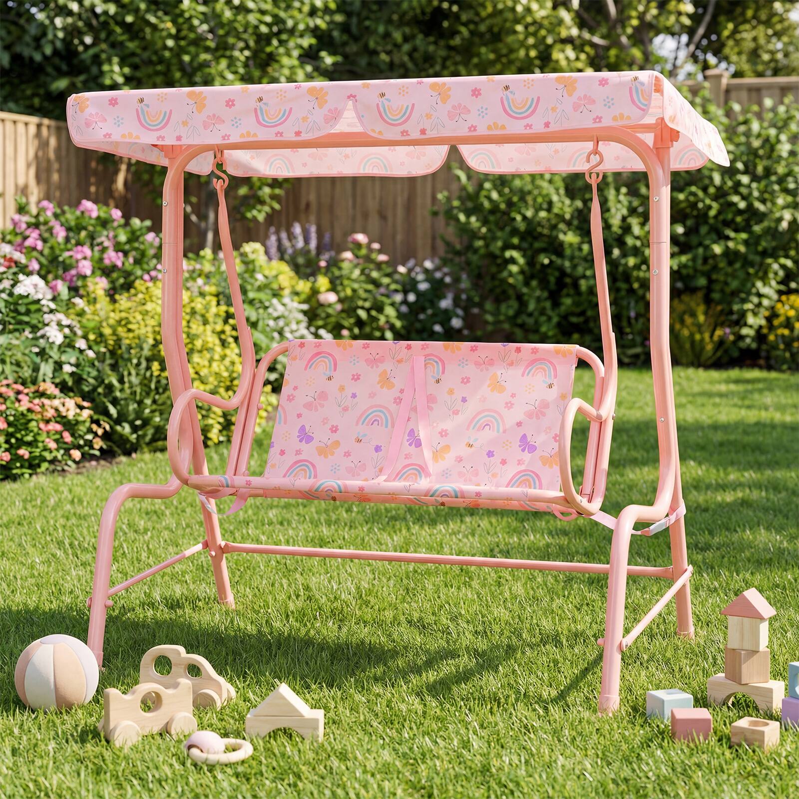 Alt View 4. Costway - Costway Kids Patio Swing,2-Seater Outdoor Porch Swing Lounge Chair with Adjustable Canopy - Pink.