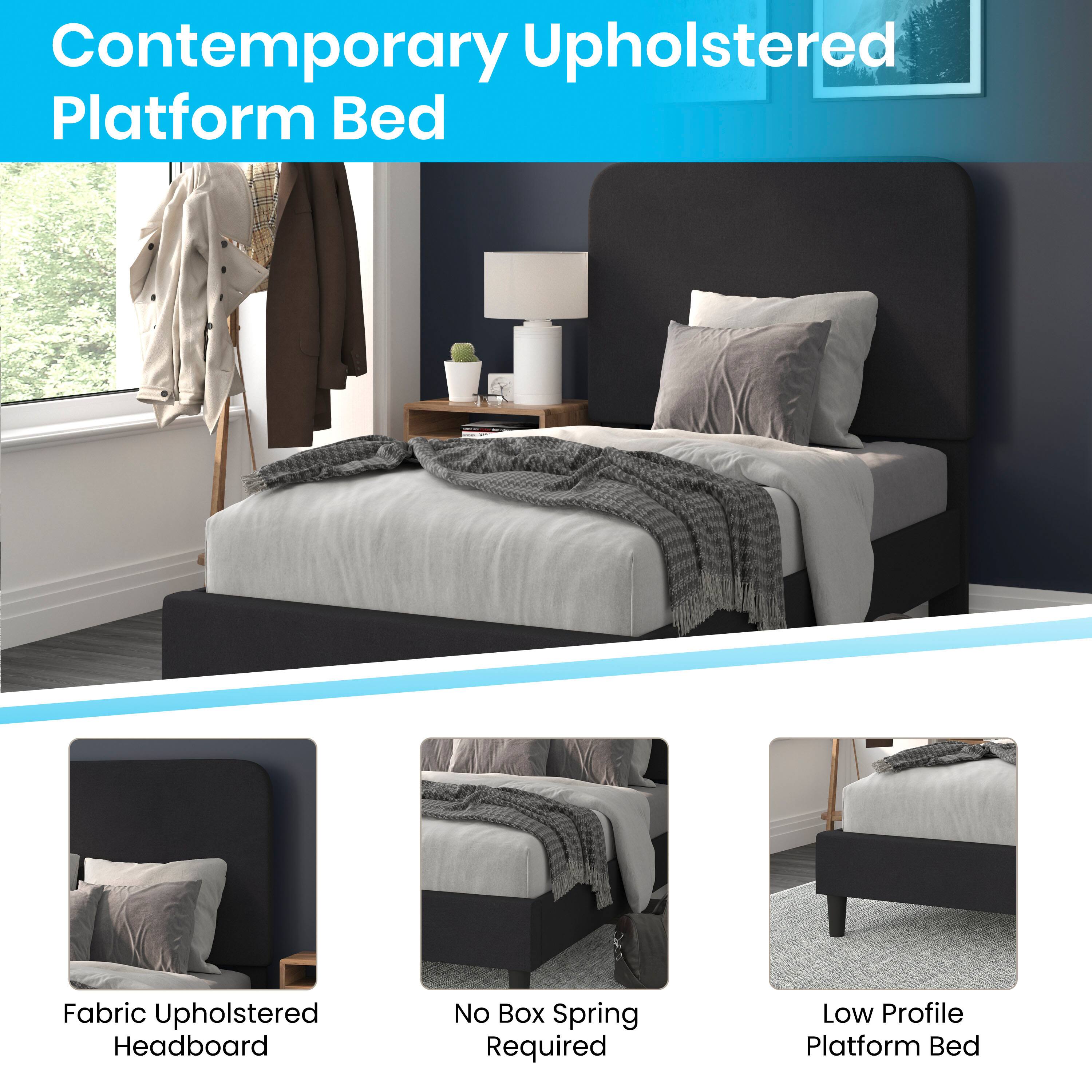 Contemporary Upholstered Platform Bed

- Fabric Upholstered Headboard
- No Box Spring Required
- Low Profile Platform Bed