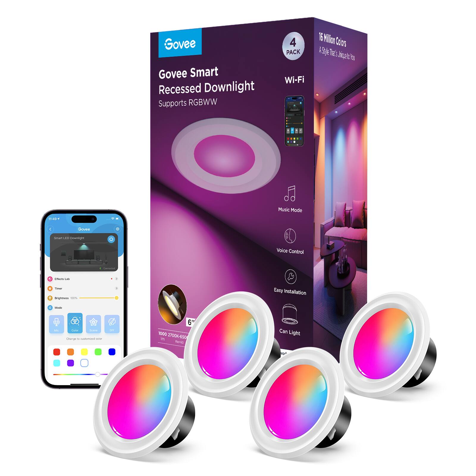 Govee Smart Recessed Downlight Supports RGBWW 4 PACK Wi-Fi 16 Million Colors A S:ge Thre'3 Jni_ate f Music Mode 1140 . Ghouee Sman . comig . Voice Control - cmans -- i -ohing i Easy Installation - 1 - - Churae - mmad - ... 6 1000 Z700K650 i S Can Light