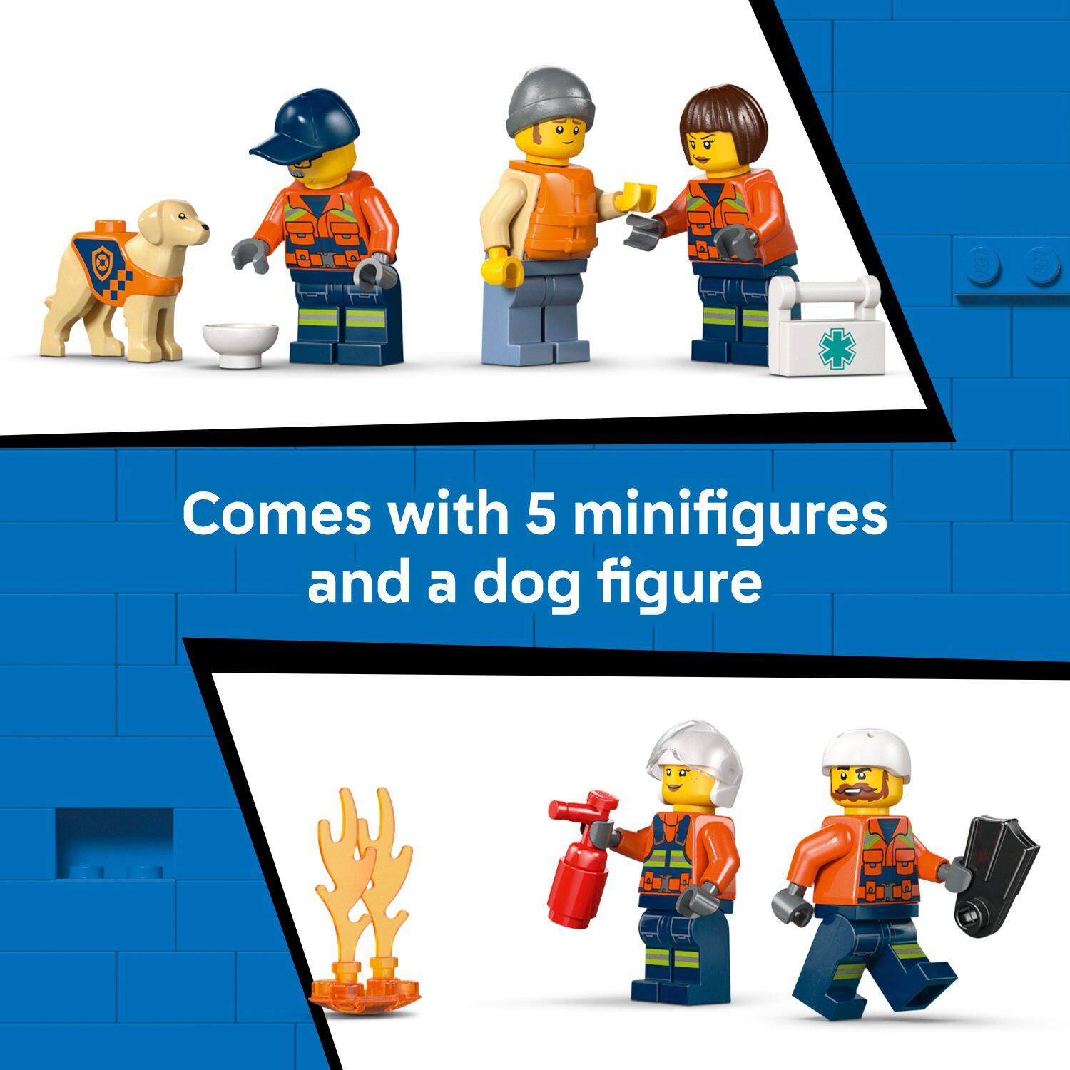 Comes with 5 minifigures and a dog figure