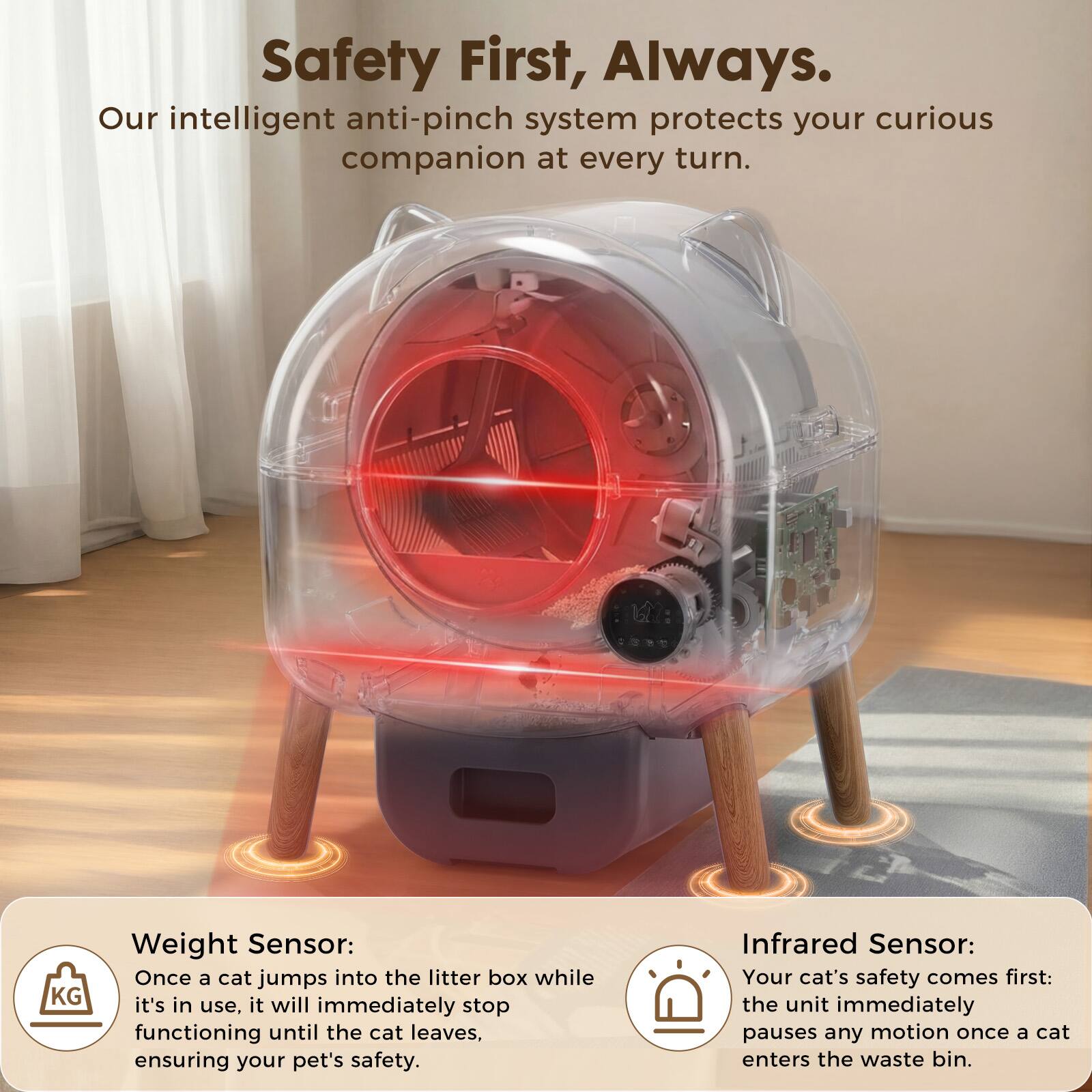 Safety First, Always.  
Our intelligent anti-pinch system protects your curious companion at every turn.  

KG Weight Sensor:  
Once a cat jumps into the litter box while it's in use, it will immediately stop functioning until the cat leaves, ensuring your pet's safety.  

Infrared Sensor:  
Your cat's safety comes first: the unit immediately pauses any motion once a cat enters the waste bin.