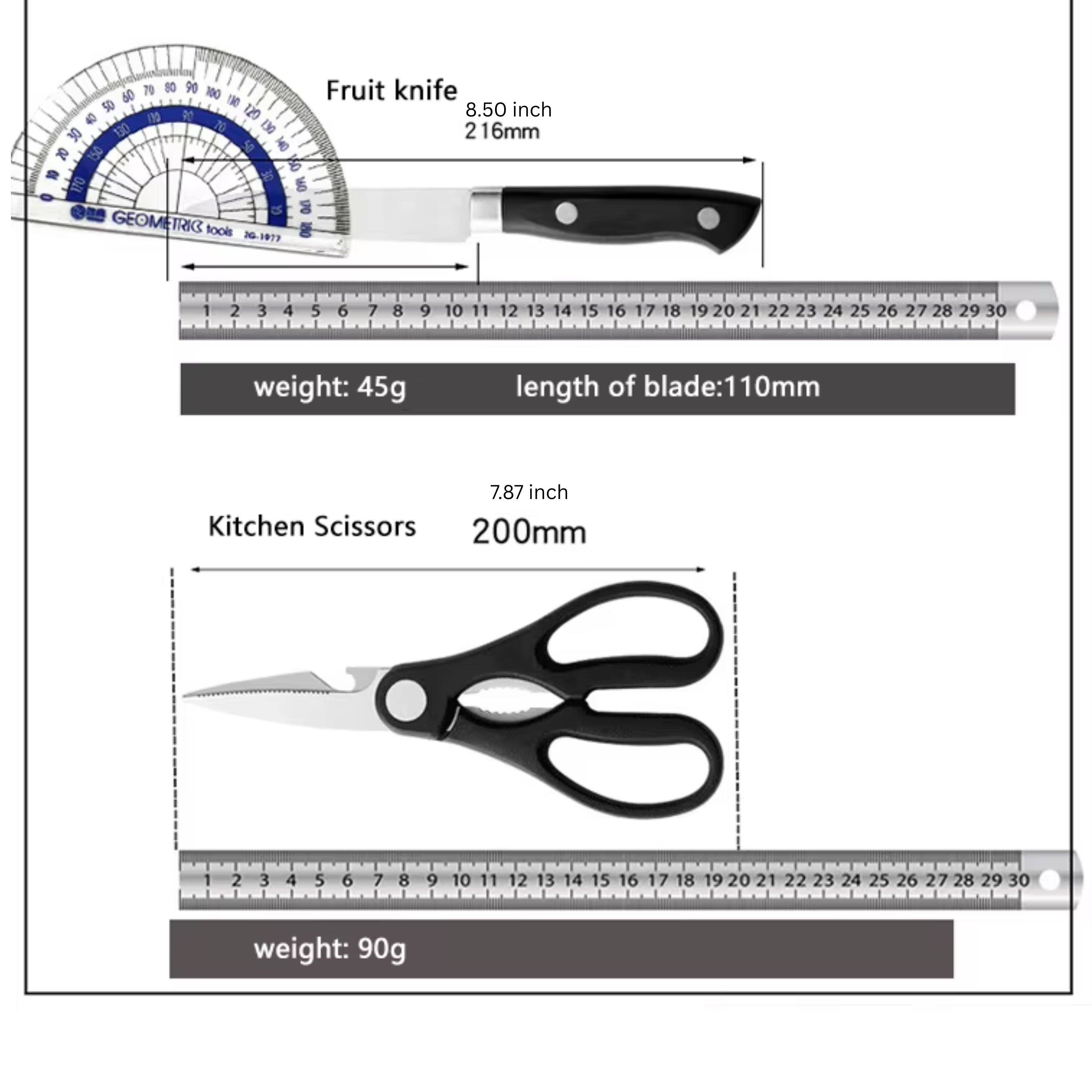 Fruit knife  
8.50 inch  
216mm  
weight: 45g  
length of blade: 110mm  

Kitchen Scissors  
200mm  
7.87 inch  
weight: 90g