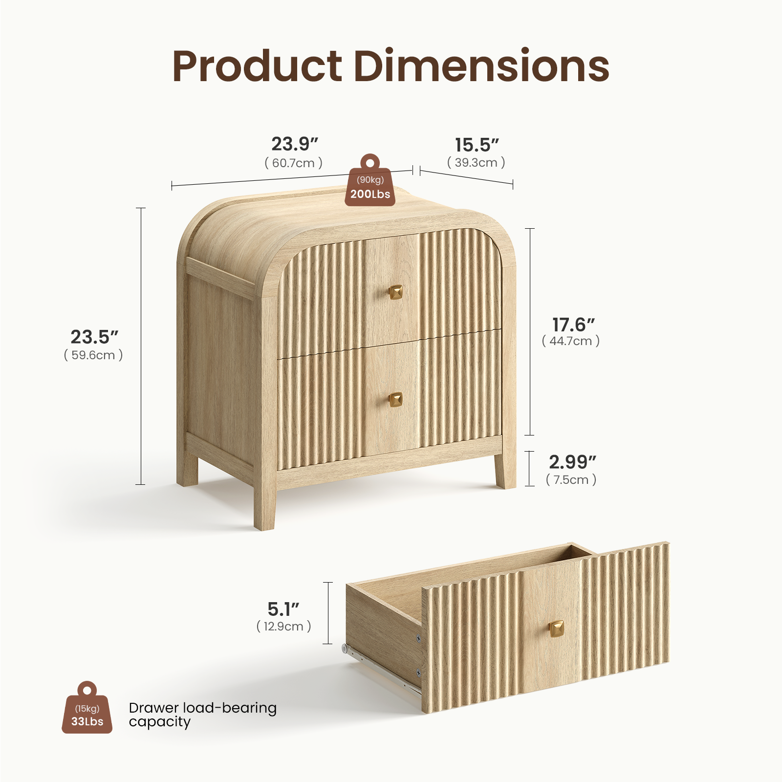 Product Dimensions

- 23.9" (60.7cm) (90kg) 200Lbs
- 15.5" (39.3cm)
- 23.5" (59.6cm)
- 17.6" (44.7cm)
- 2.99" (7.5cm)
- 5.1" (12.9cm) (15kg)

Drawer load-bearing capacity: 33Lbs