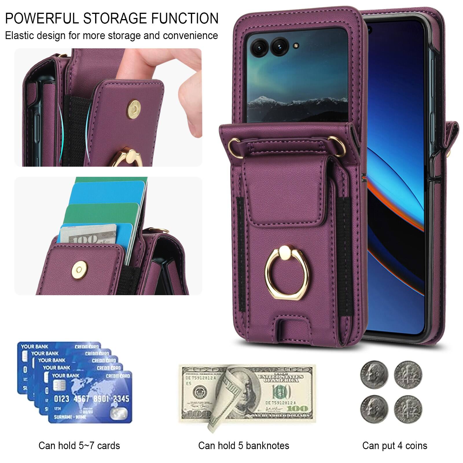 POWERFUL STORAGE FUNCTION  
Elastic design for more storage and convenience  

Can hold 5~7 cards  
Can hold 5 banknotes  
Can put 4 coins