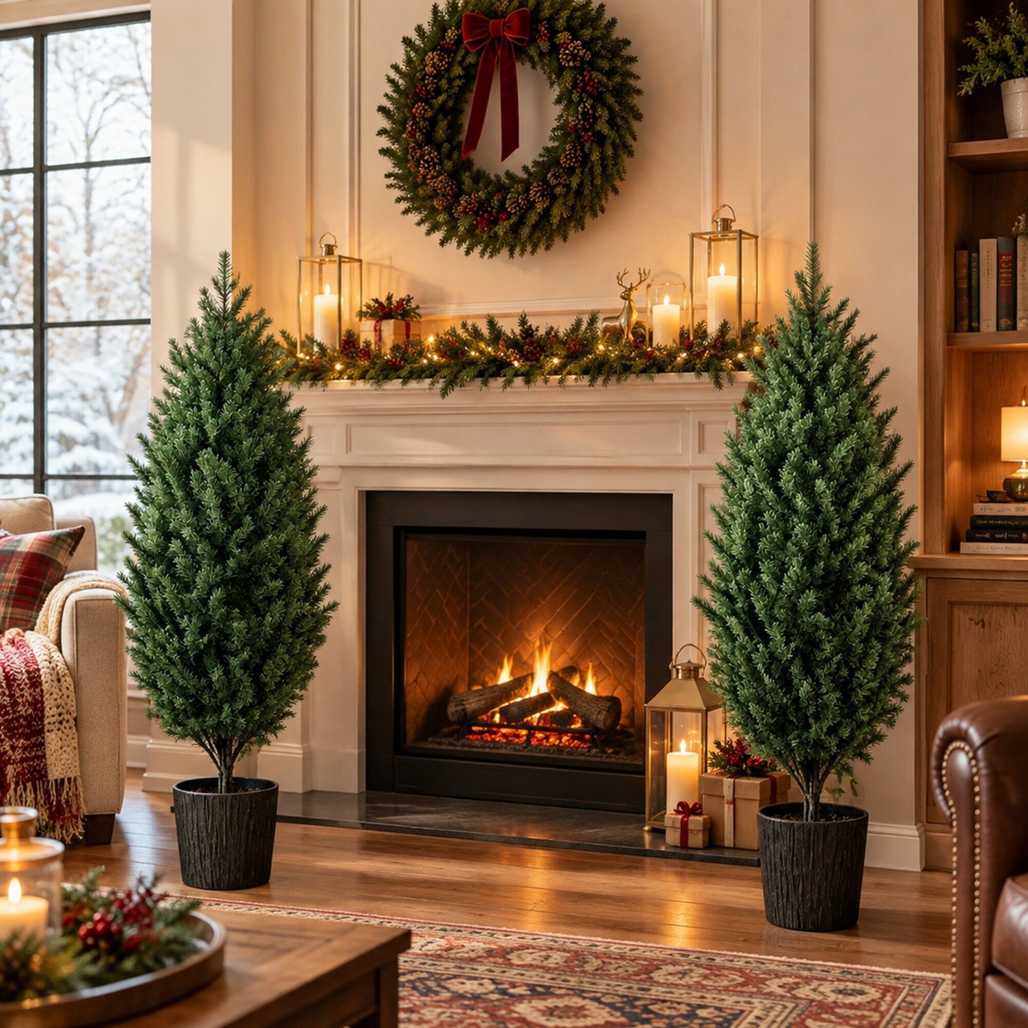 Left. RYHNUYNE - 4FT Artificial Cedar Christmas Tree Set of 2 With 291 PE Tips and Potted Base, UV Resistant - Green.