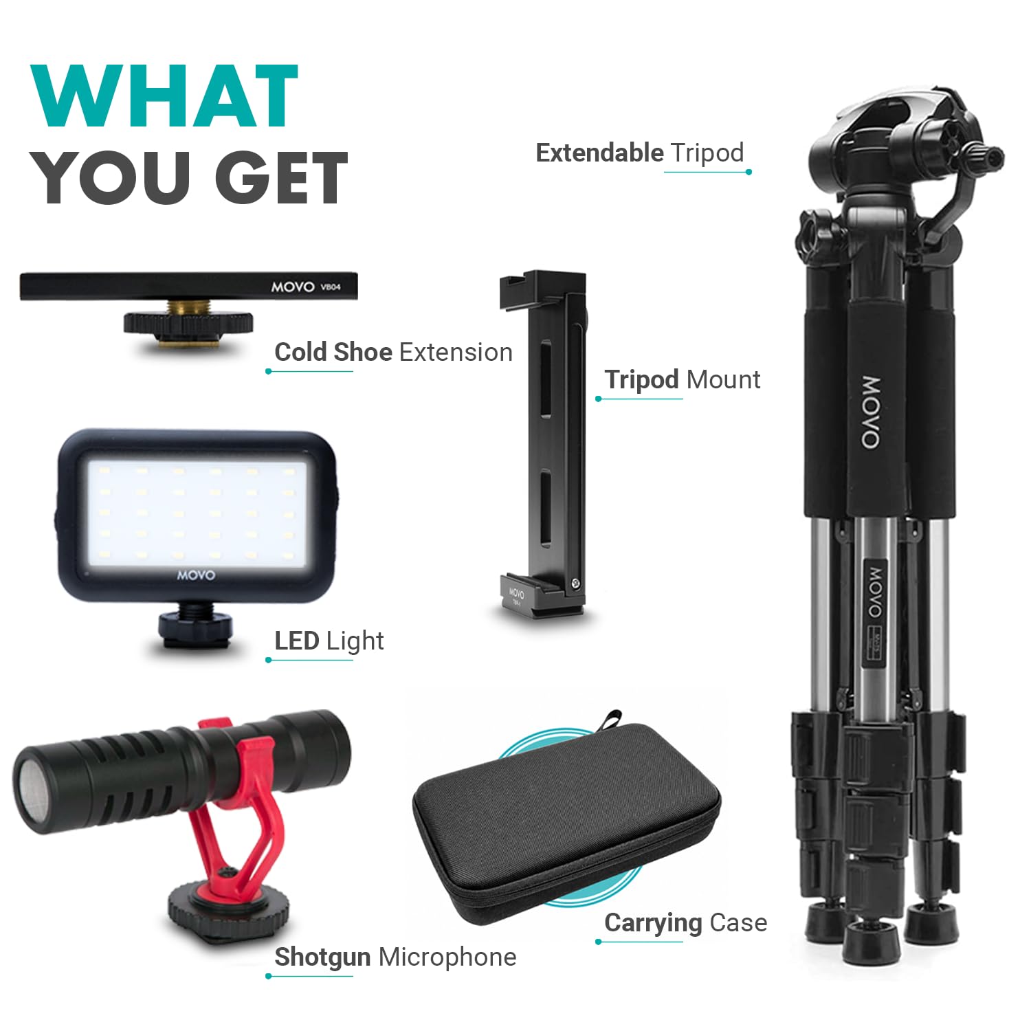WHAT YOU GET
- Extendable Tripod
- MOVO V804 Cold Shoe Extension
- MOVO LED Light
- Tripod Mount
- Shotgun Microphone
- Carrying Case