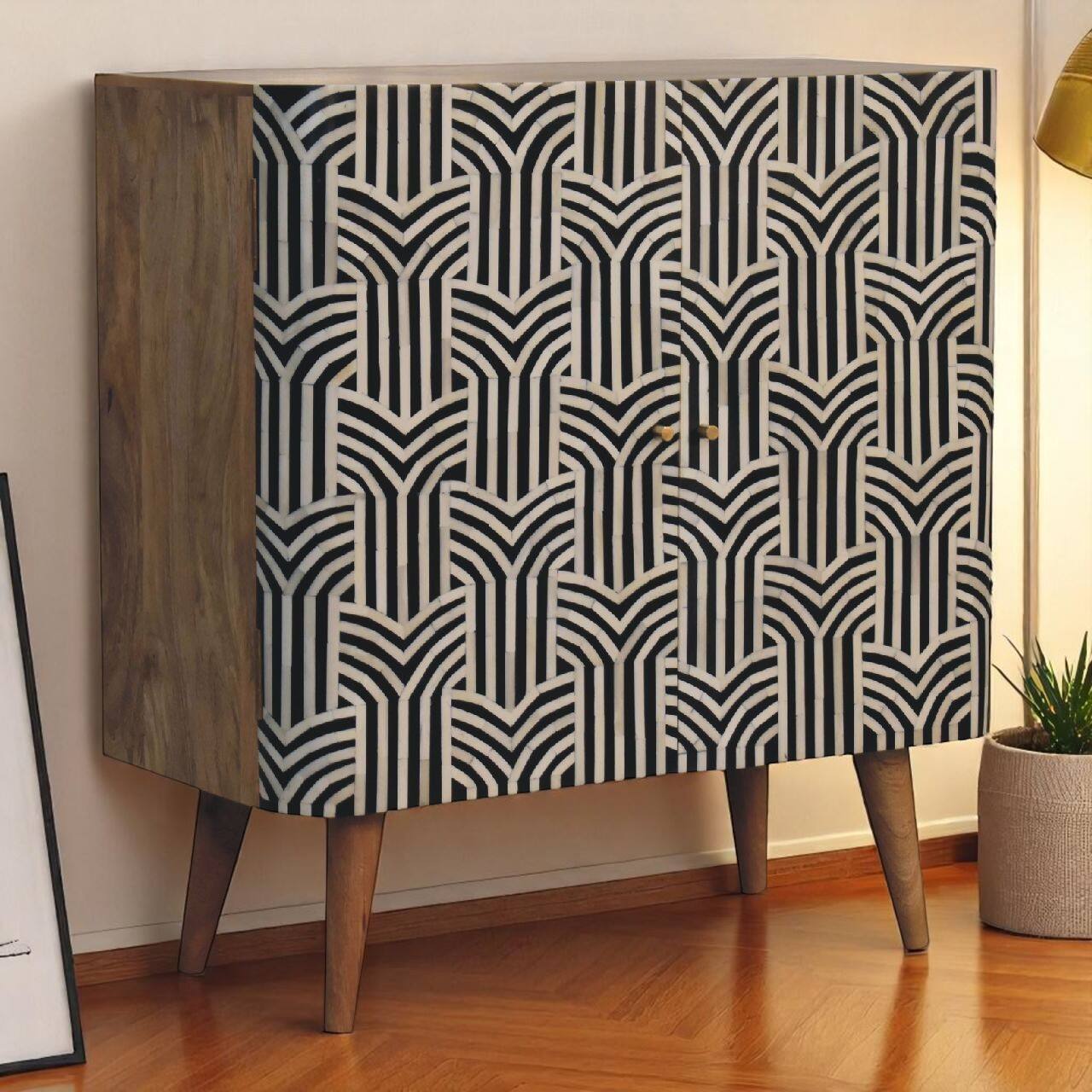 Angle. Artisan Furniture - Artisan Furniture Solid Wood Edessa Bone Inlay Cabinet, 2 Doors, Black & White - WHite & Black.