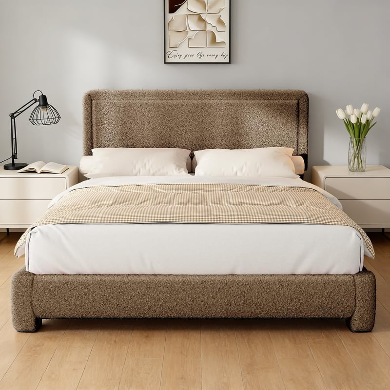 Vipbear - Queen Size Upholstered Bed Frame with Adjustable Headboard, Soft Rounded Corners, No Box Spring Required, Easy Assembly - Coffee