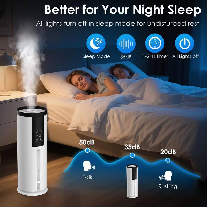 Better for Your Night Sleep

All lights turn off in sleep mode for undisturbed rest

- Sleep Mode
- 35dB
- 1-24H Timer
- All Lights off

50dB (Talk)
35dB
20dB (Rustling)