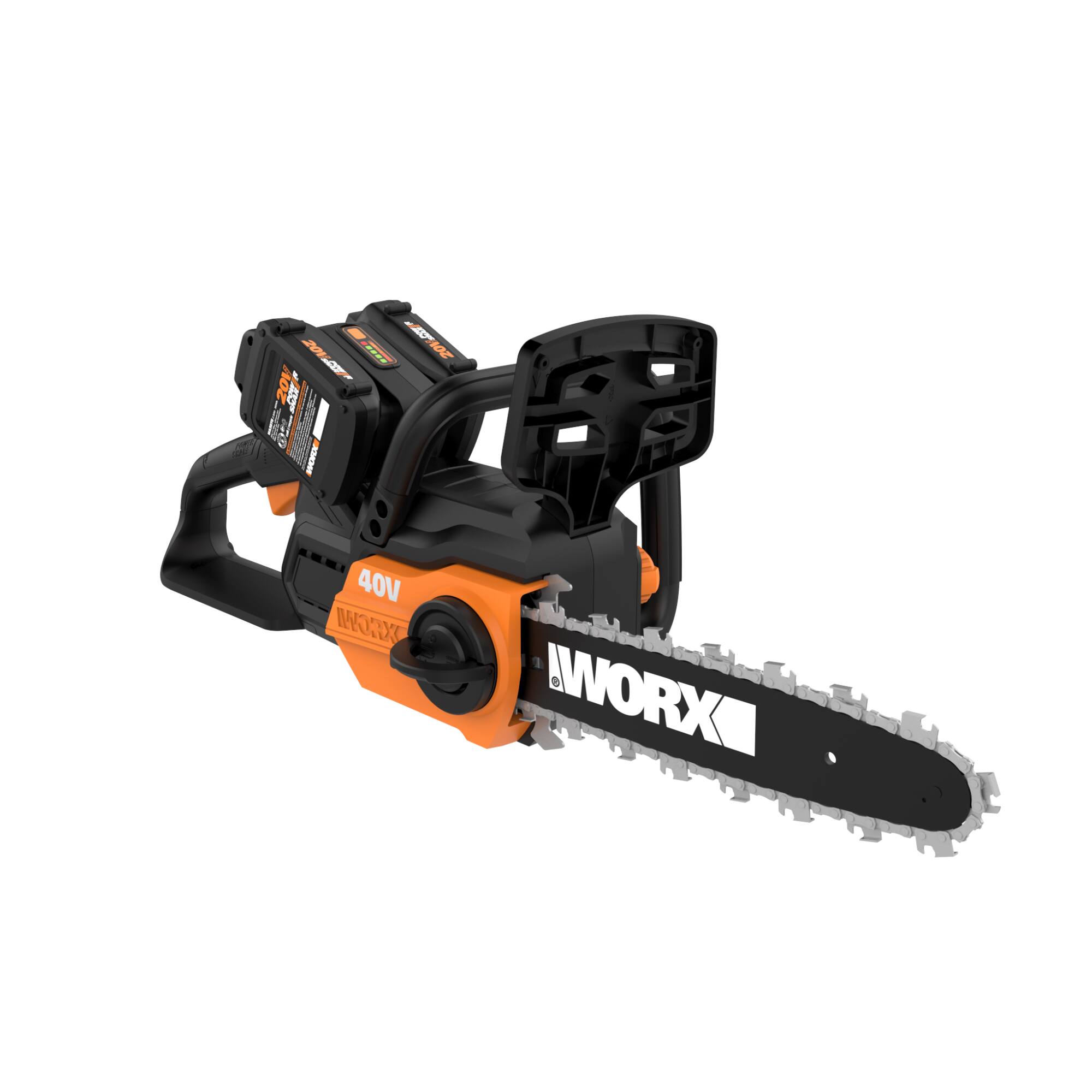 Front. WORX - WG381 40V 12" Cordless Chainsaw with Auto Tension (2 x 2.0 Ah Batteries and 1 x Charger) - Black.