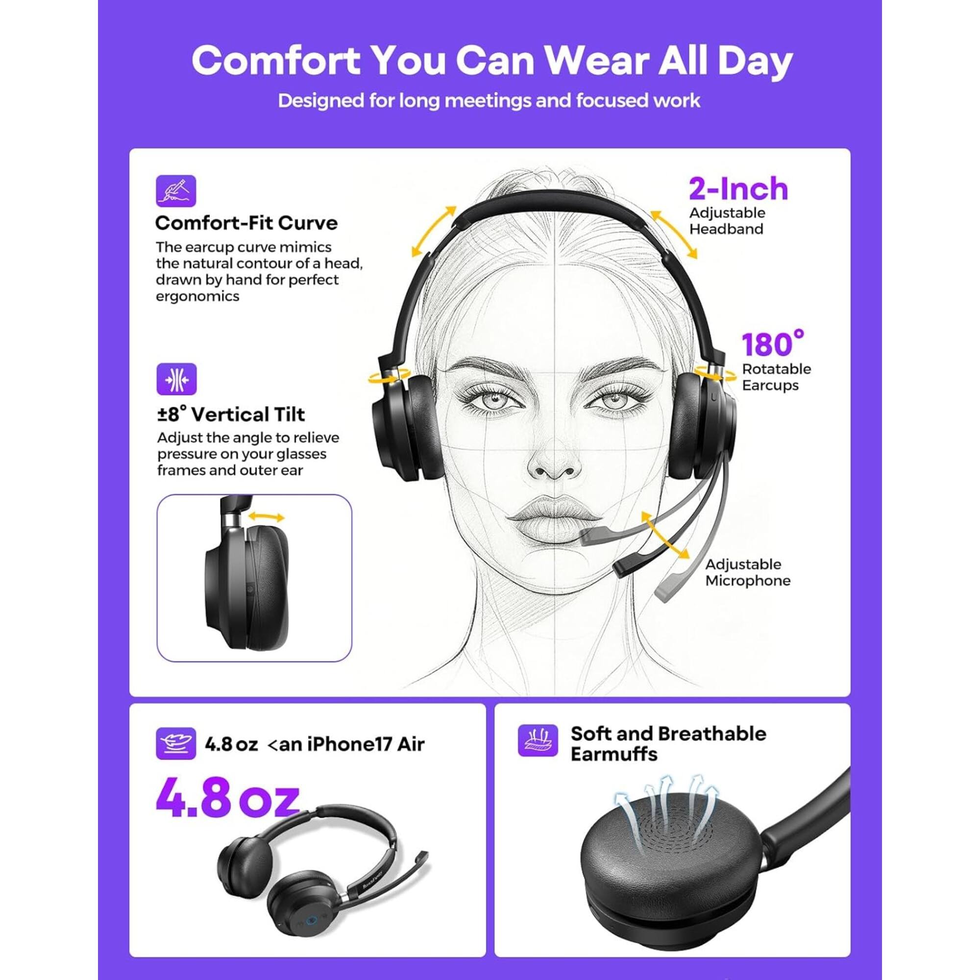 Comfort You Can Wear All Day  
Designed for long meetings and focused work  

Comfort-Fit Curve  
The earcup curve mimics the natural contour of a head, drawn by hand for perfect ergonomics  

2-Inch Adjustable Headband  

8° Vertical Tilt  
Adjust the angle to relieve pressure on your glasses frames and outer ear  

180° Rotatable Earcups  

Adjustable Microphone  

4.8 oz <an iPhone17 Air  

Soft and Breathable Earmuffs