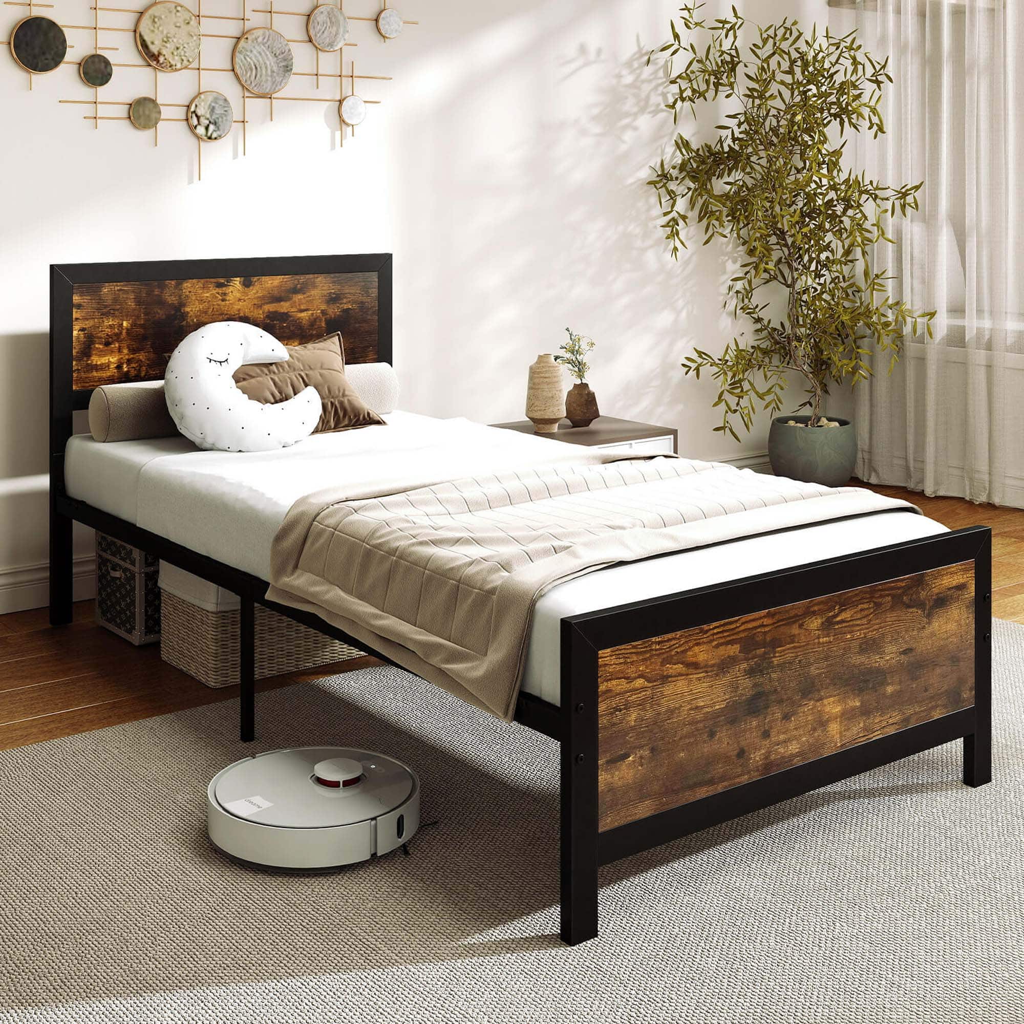 Alt View 4. Costway - Twin Size Metal Bed Frame with Headboard & Footboard Metal Slats Support - Brown.
