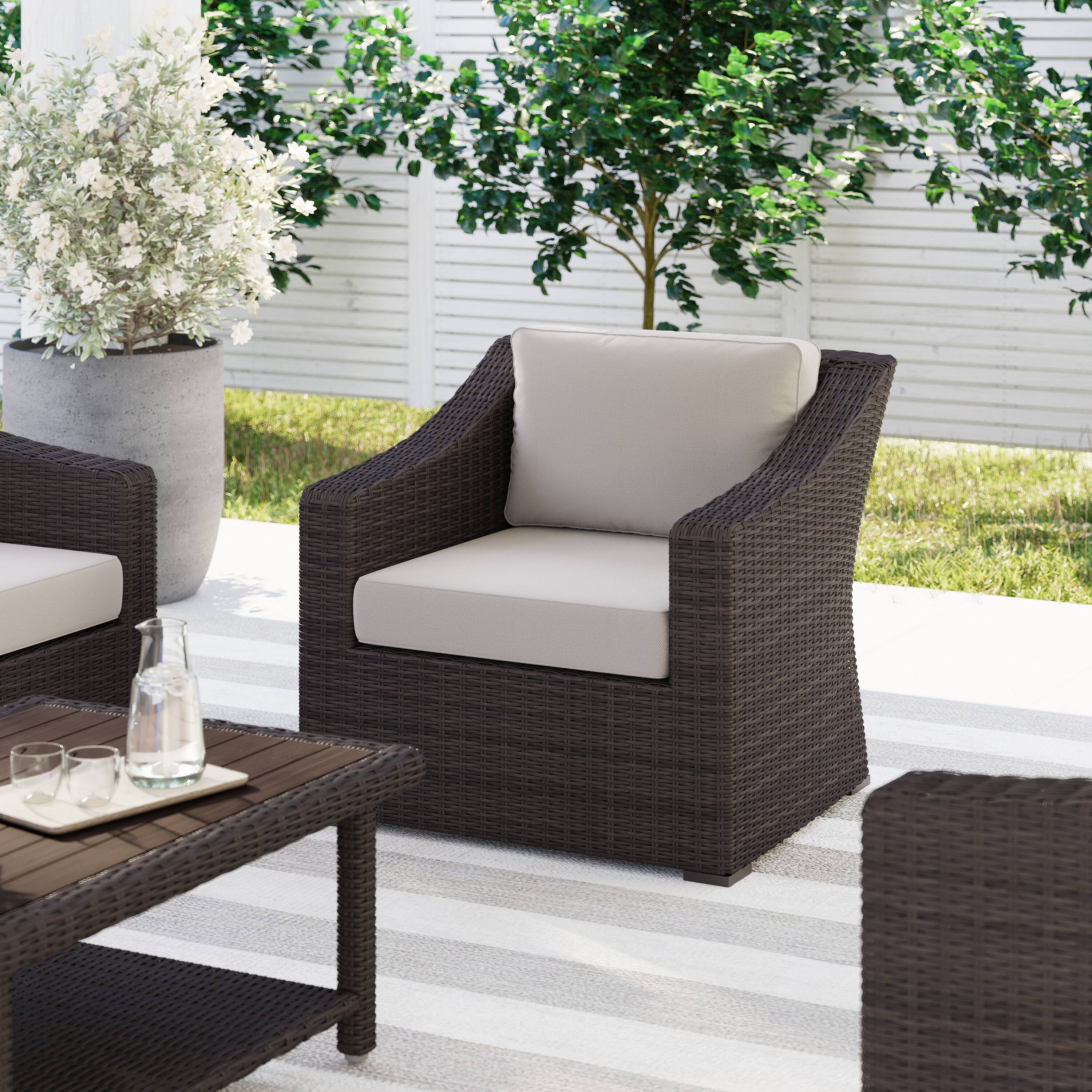 Alt View 1. Martha Stewart - Bedford Outdoor Rattan Wicker Accent Chair with All-Weather Cushions - Tan Cushions/Brown Frame.
