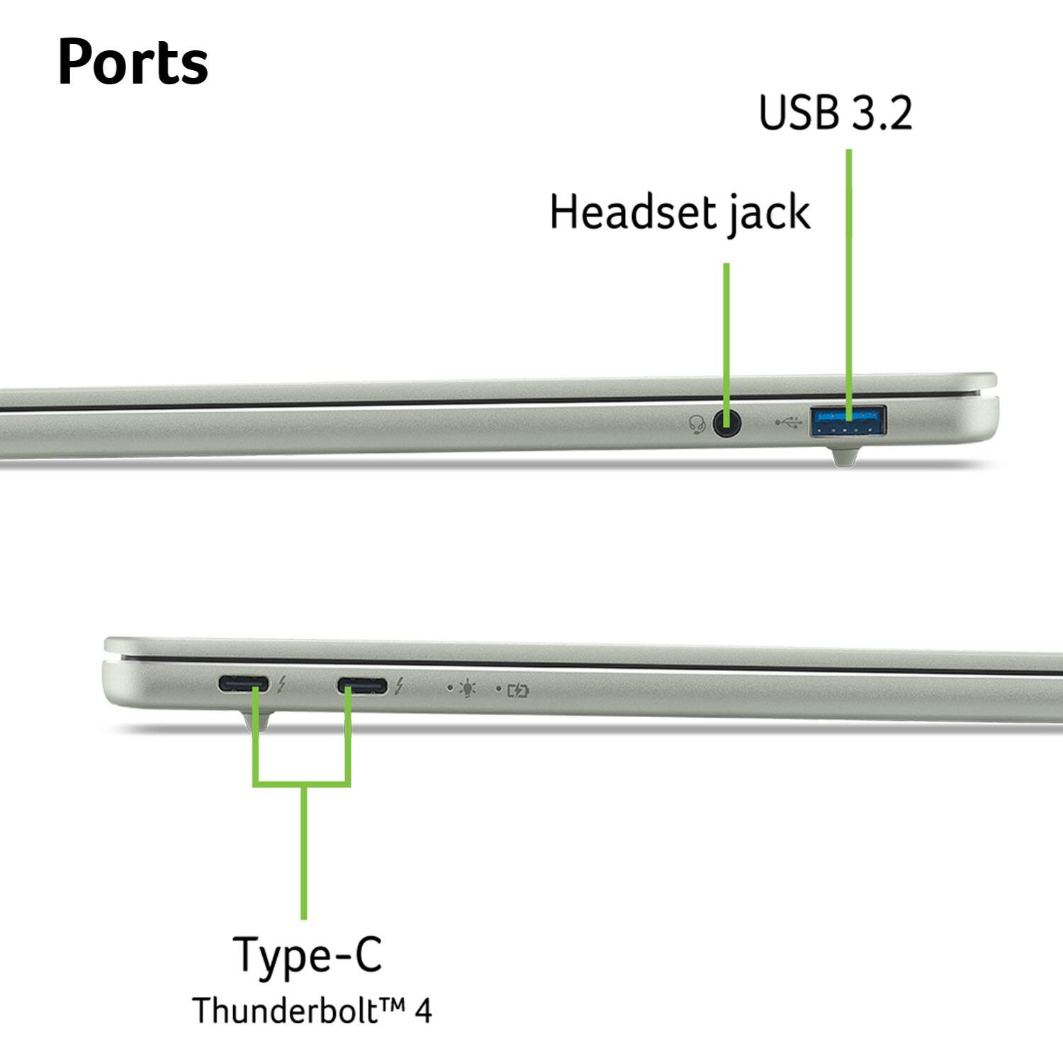 Ports

- USB 3.2
- Headset jack
- Type-C Thunderbolt 4