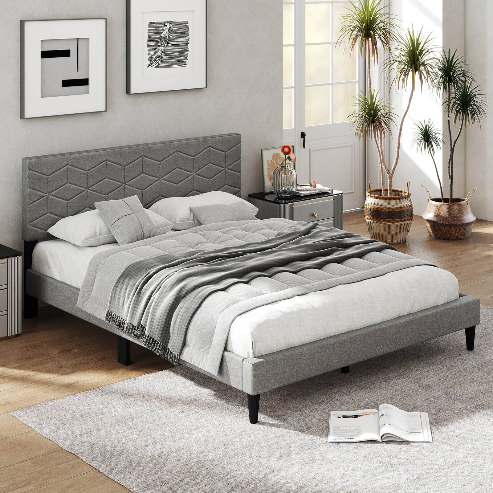 Alt View 4. Costway - Costway Queen Size Bed Frame with Linen Fabric Upholstered Headboard & Wooden Slat Support - Gray.