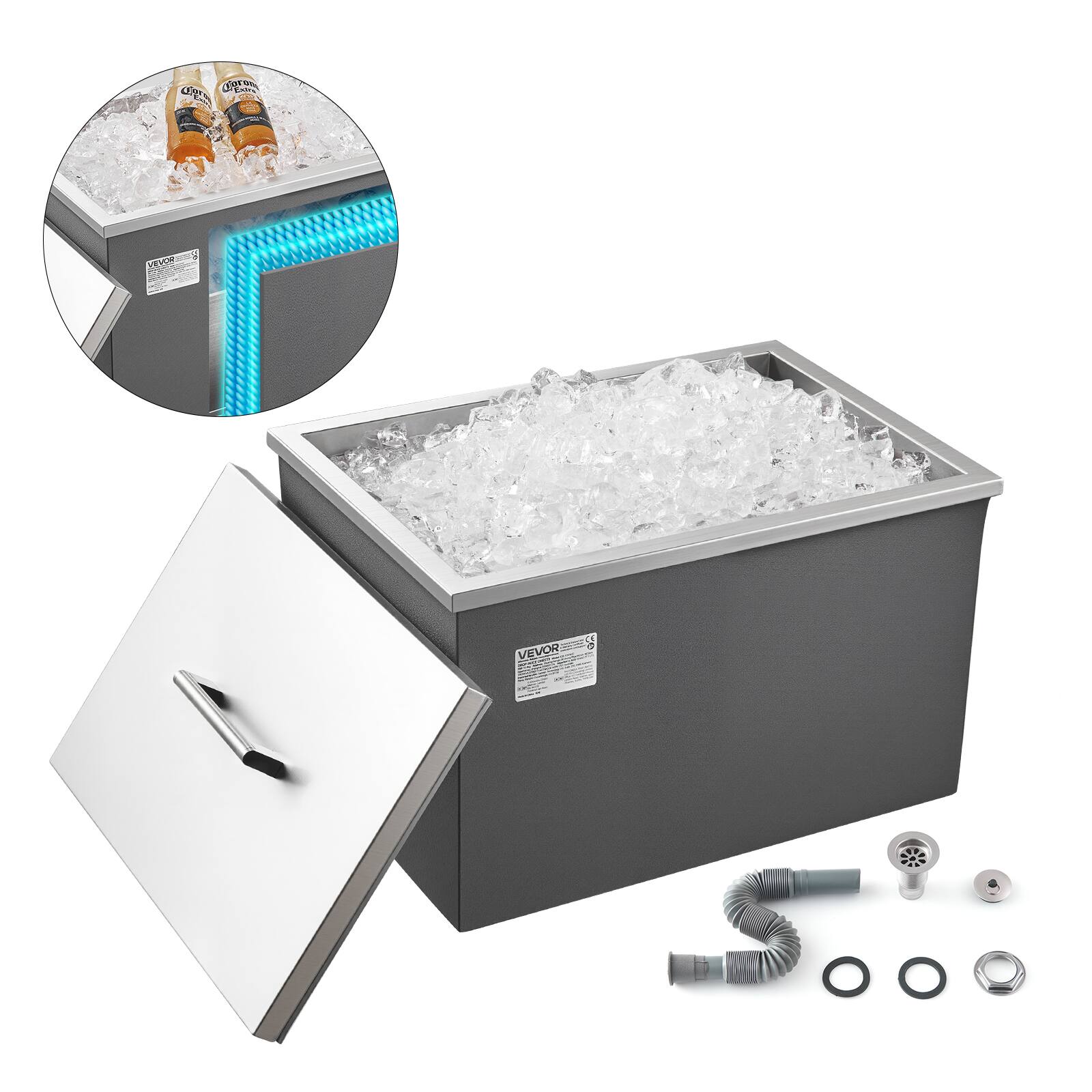 Front. VEVOR - Drop in Ice Chest, 20"L x 14"W x 12"H Stainless Steel Drop in Cooler, 31.7 Quart Commercial Ice Bin with Pot Lid - Silver.