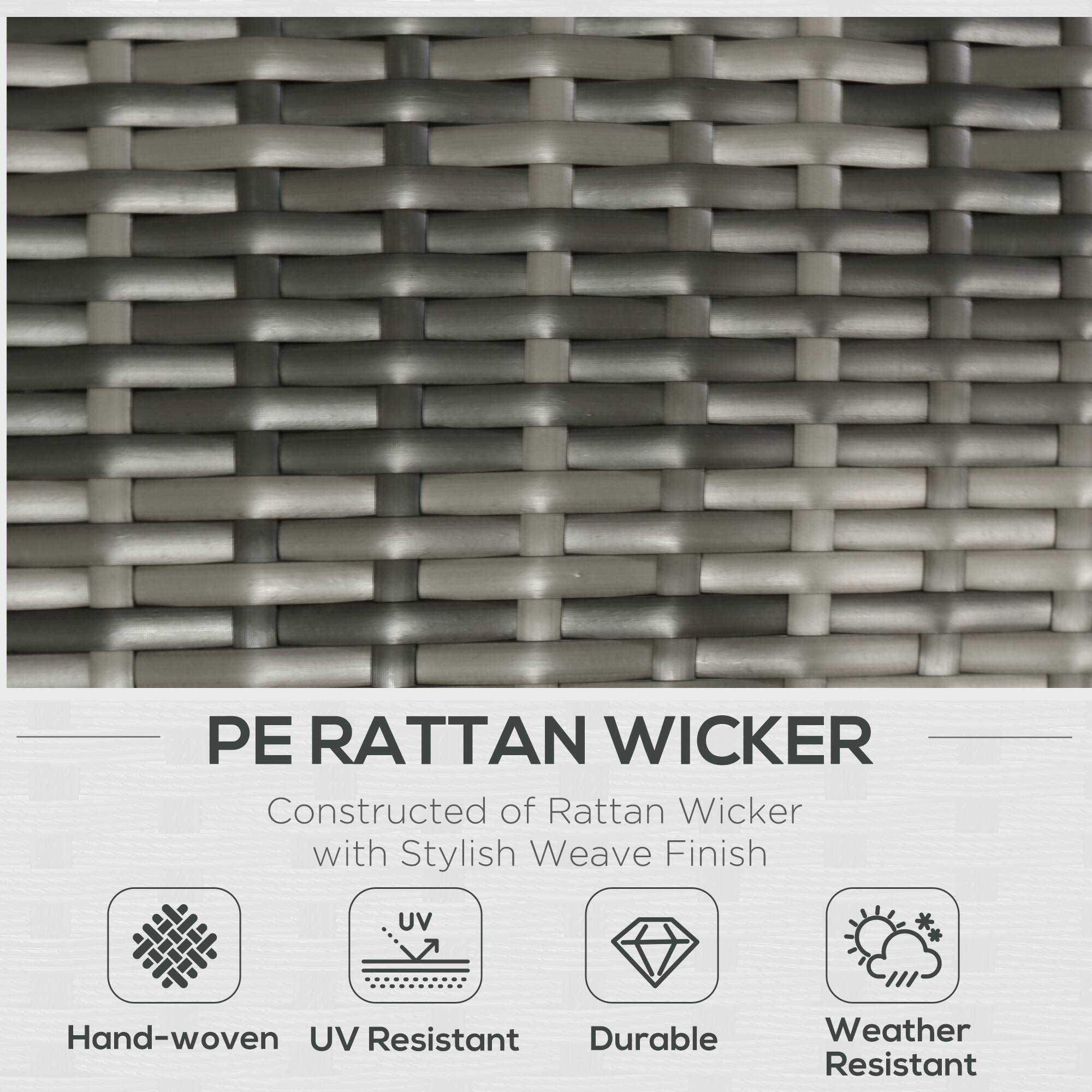 PE RATTAN WICKER  
Constructed of Rattan Wicker with Stylish Weave Finish  
Hand-woven  
UV Resistant  
Durable  
Weather Resistant