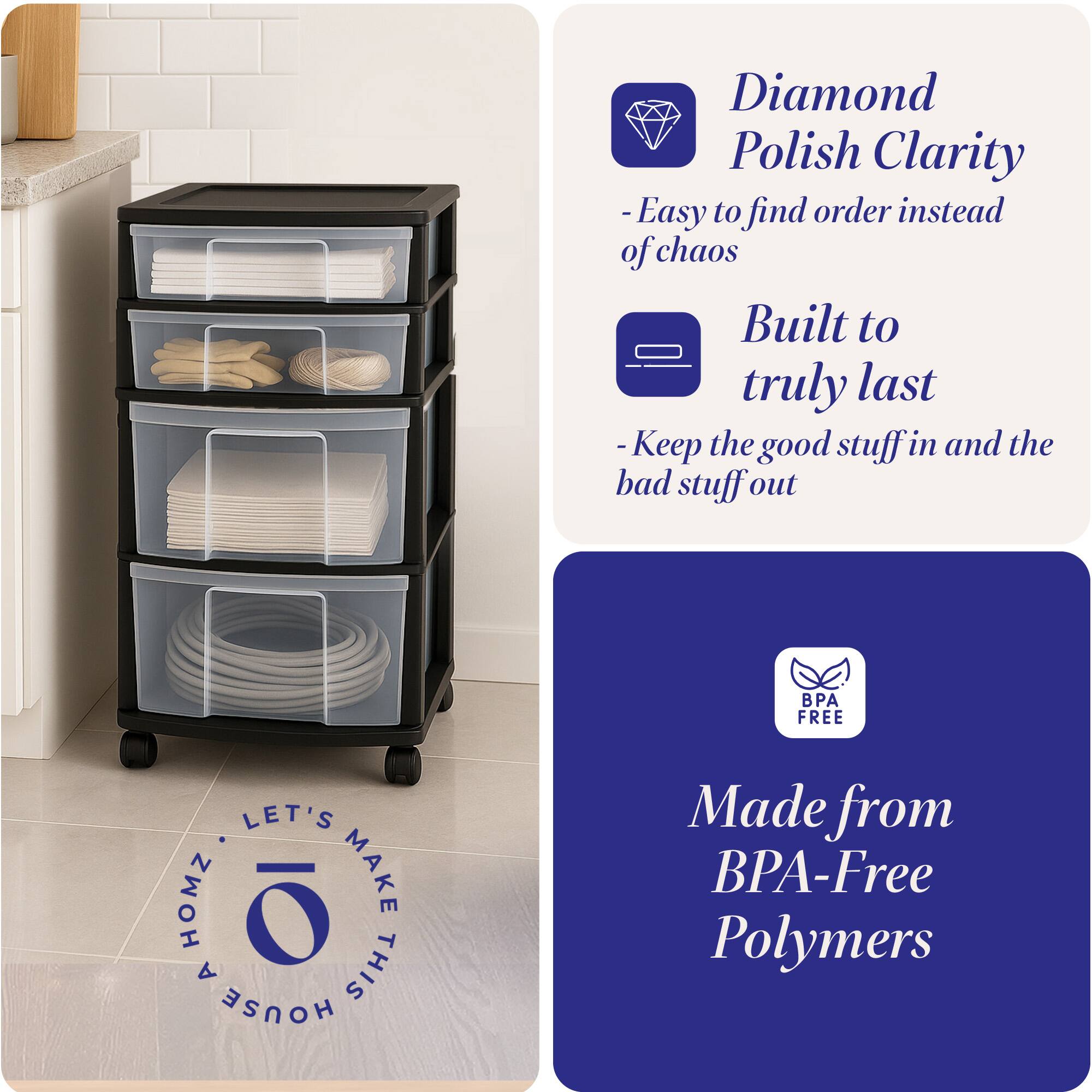 - Diamond Polish Clarity
  - Easy to find order instead of chaos

- Built to truly last
  - Keep the good stuff in and the bad stuff out

- Made from BPA-Free Polymers

LET'S MAKE THIS HOUSE A HOME