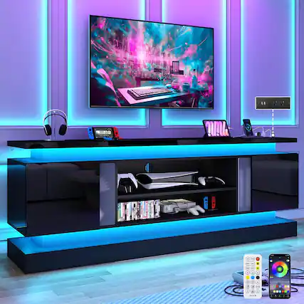 Front. Espafurni - 71" LED TV Stand w/Power Outlet for 75-85" TV, High Gloss, 2 Cabinets & Dual LED Lights - Black.