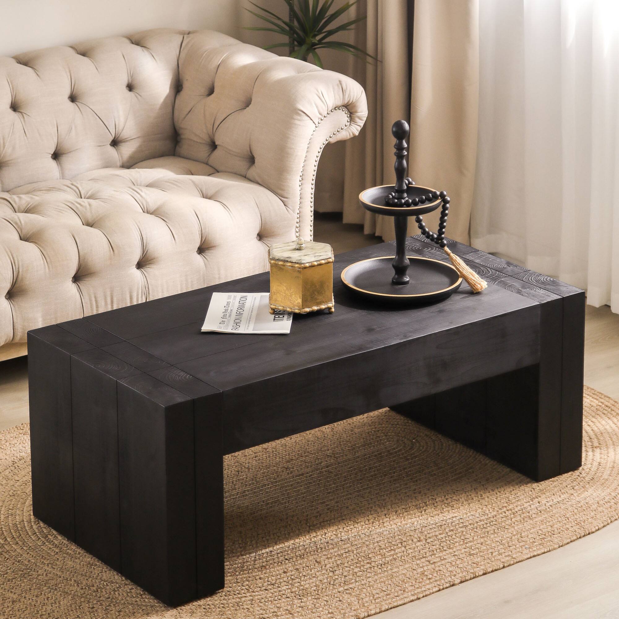 Back. GOODSILO - Contemporary Solid Wood Rectangular Coffee Table for Modern Living Room Decor - Black+Wood.
