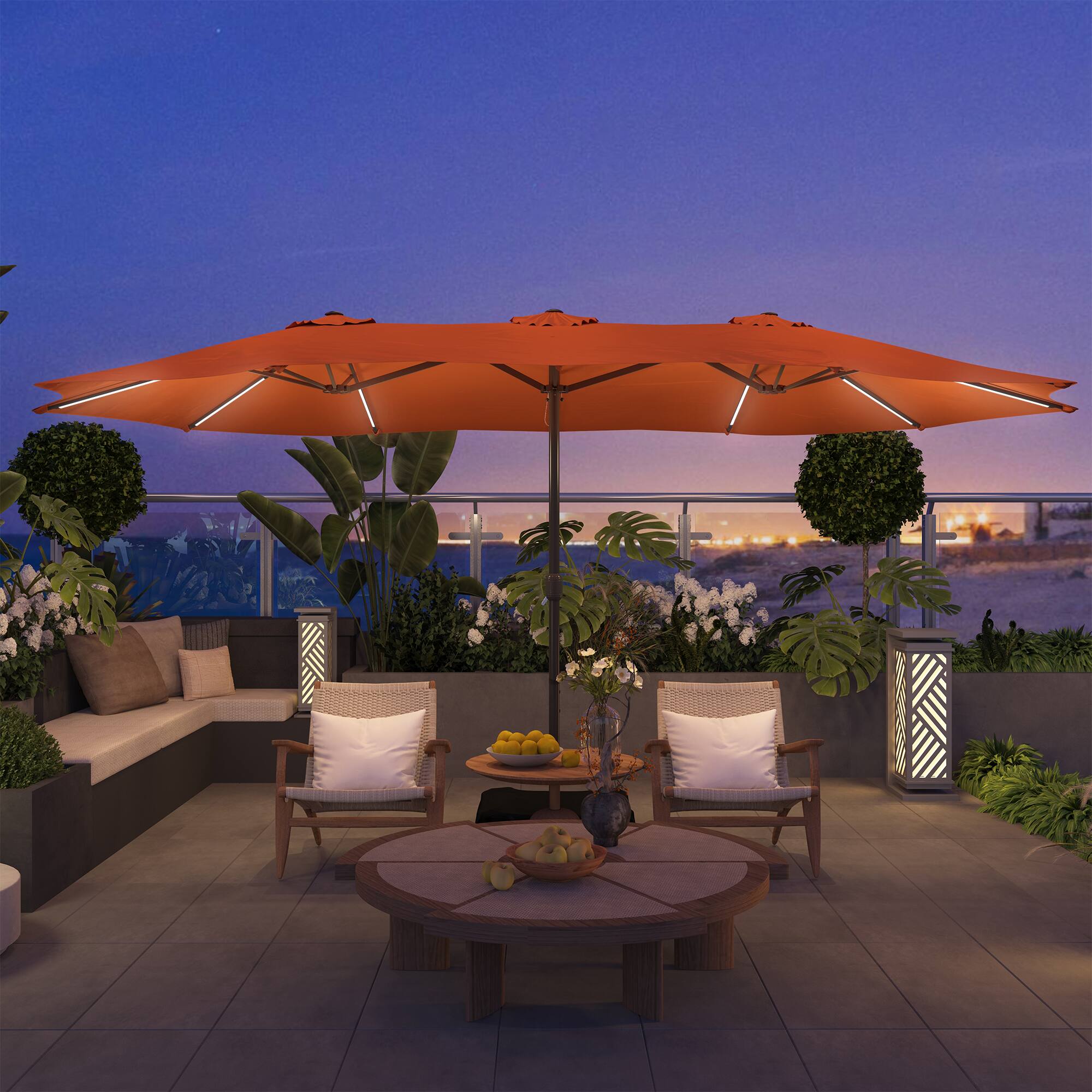 Angle. Mondawe - 15ft Patio Maket Umbrella Solar light strip Double-sided umbrella with base - Orange.
