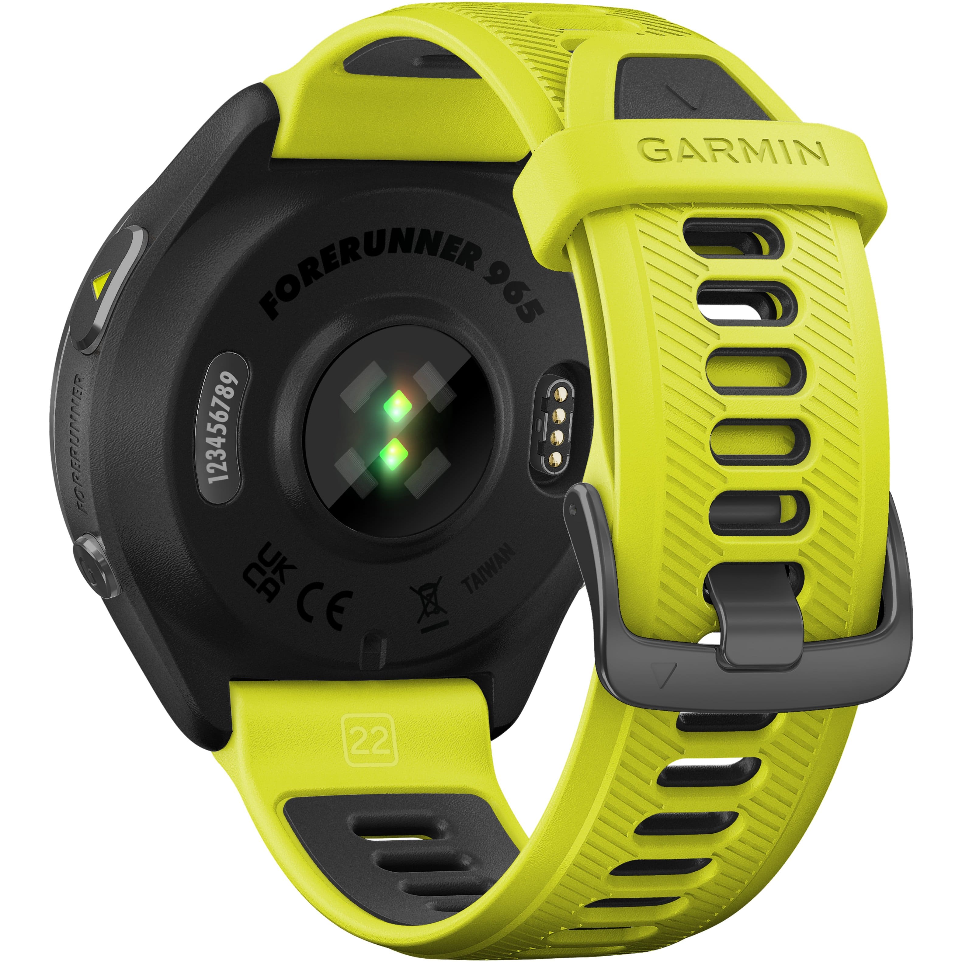 The text on the image reads "Forerunner 965 123456789 CE U Taiwan Ex 22 Garmin 10000." This text is likely related to the yellow and black watch, which is a Garmin Forerunner 965. The watch is designed for running and features a bright yellow band, making it easy to spot during outdoor activities.