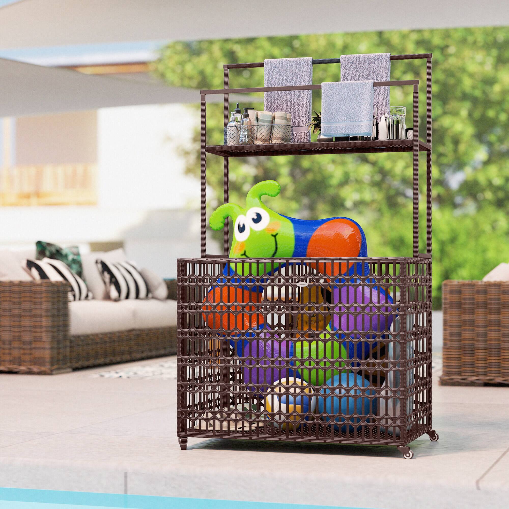 Alt View 5. Outsunny - Outsunny Wicker Pool Float Storage Organizer, PE Rattan Pool Float Holder with Basket Shelf Towel Bars - Mixed-brown.