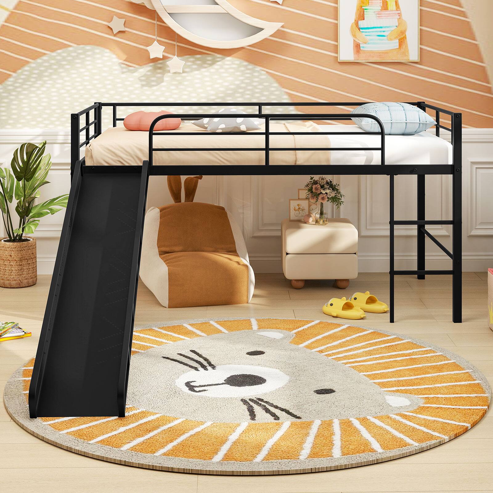Alt View 3. Gymax - Gymax Twin Metal Loft Bed with Slide Guardrails Built-in Ladder Low Bed Frame Black - Black.