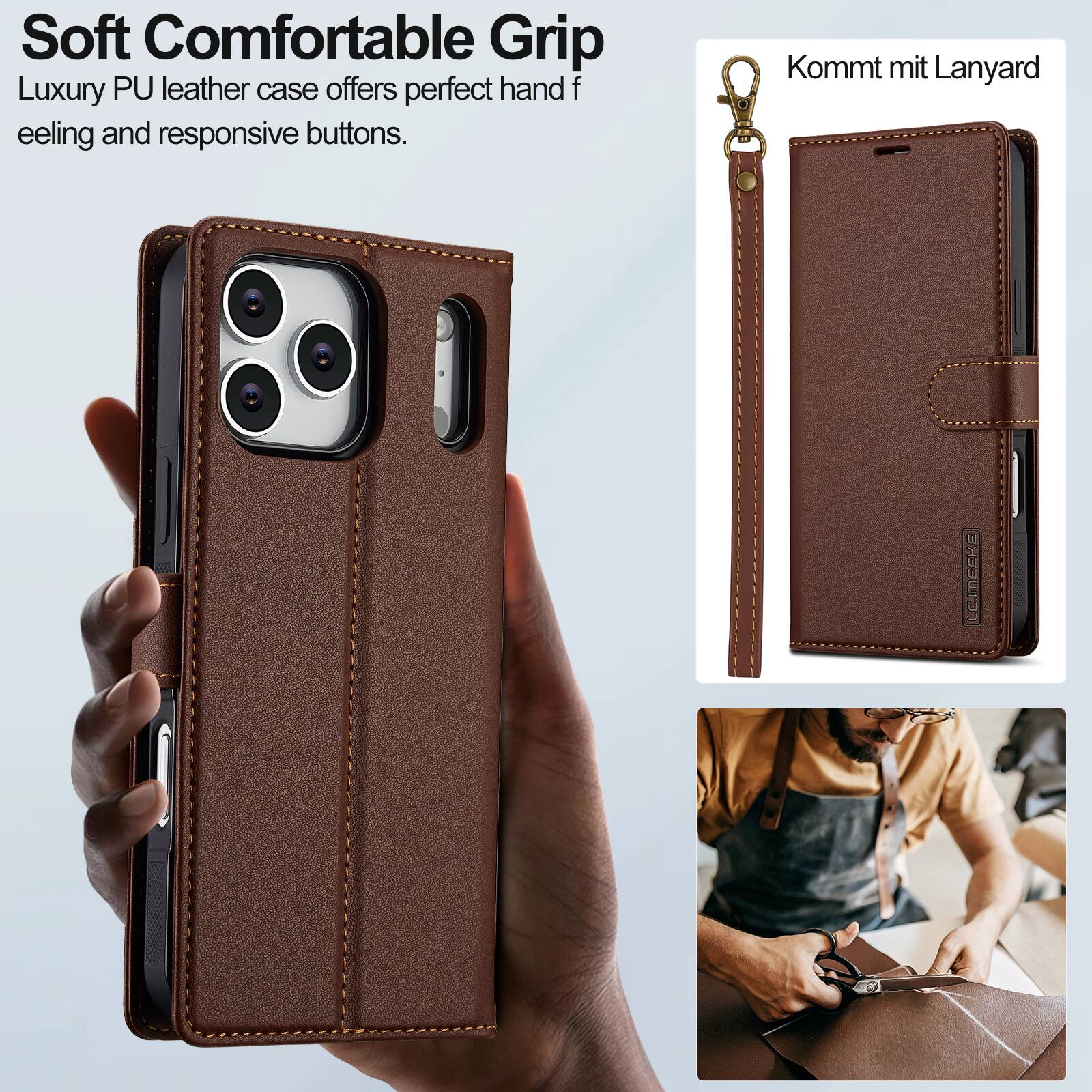 Soft Comfortable Grip  
Luxury PU leather case offers perfect hand feeling and responsive buttons.  
Kommt mit Lanyard