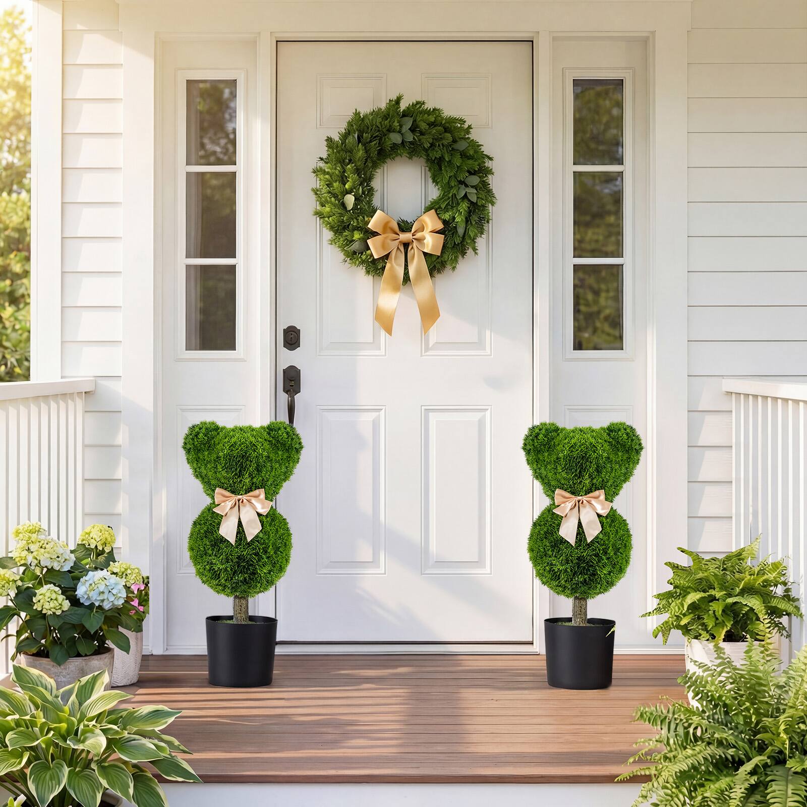 Alt View 1. Costway - Costway 2 PCS Bear Topiary Trees with Pots, Sun-resistant Bear-Shaped Faux Boxwood Plants - Green + Golden.