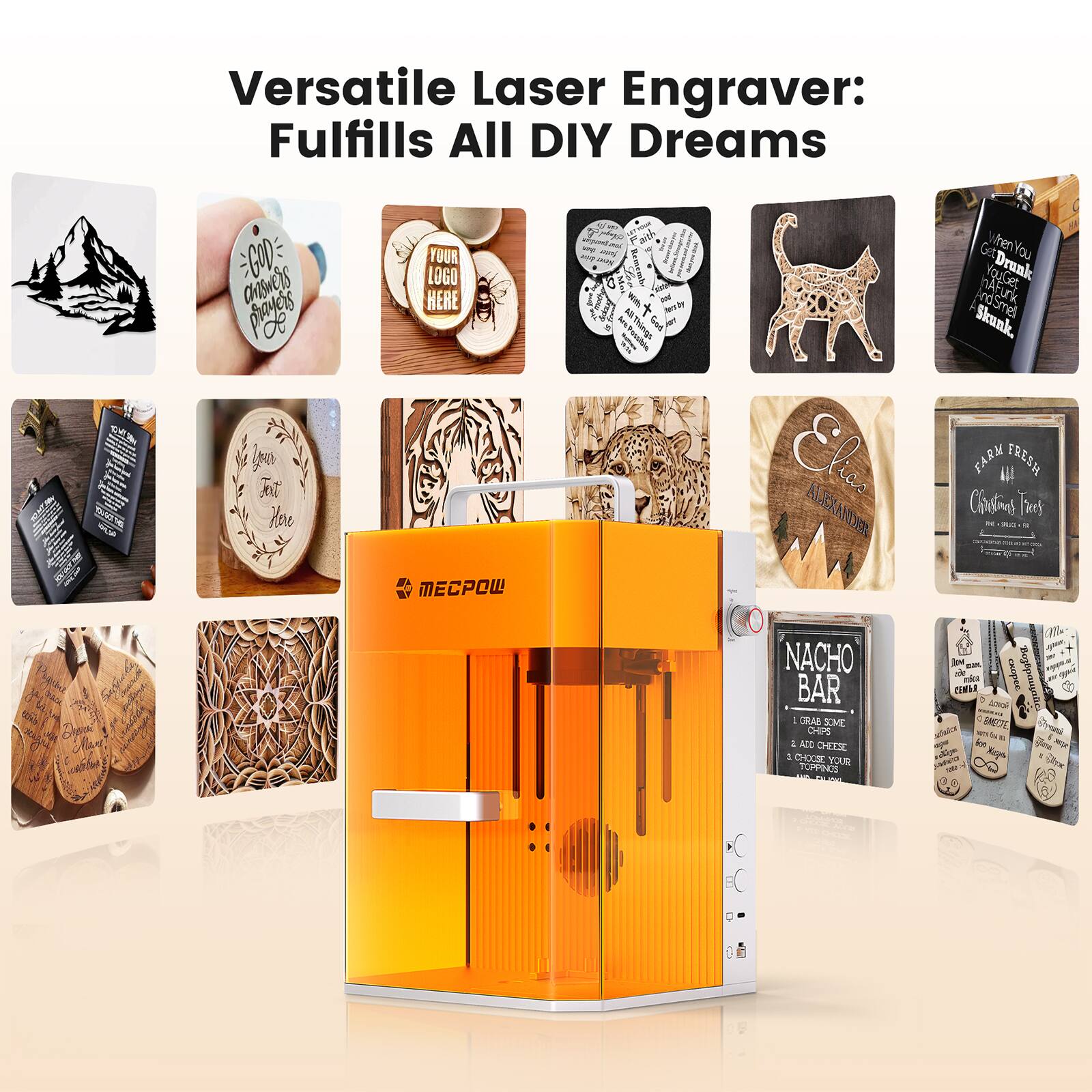 Versatile Laser Engraver: Fulfills All DIY Dreams

- GOD is my favorite
- YOUR LOGO HERE
- When You Get Drunk, You Get Smelly Skunk
- ALEXANDER
- FARM FRESH Christmas Tree
- NACHO BAR
  1. GRAB SOME
  2. ADD CHEESE
  3. CHOOSE YOUR TOPPINGS
- MECPow