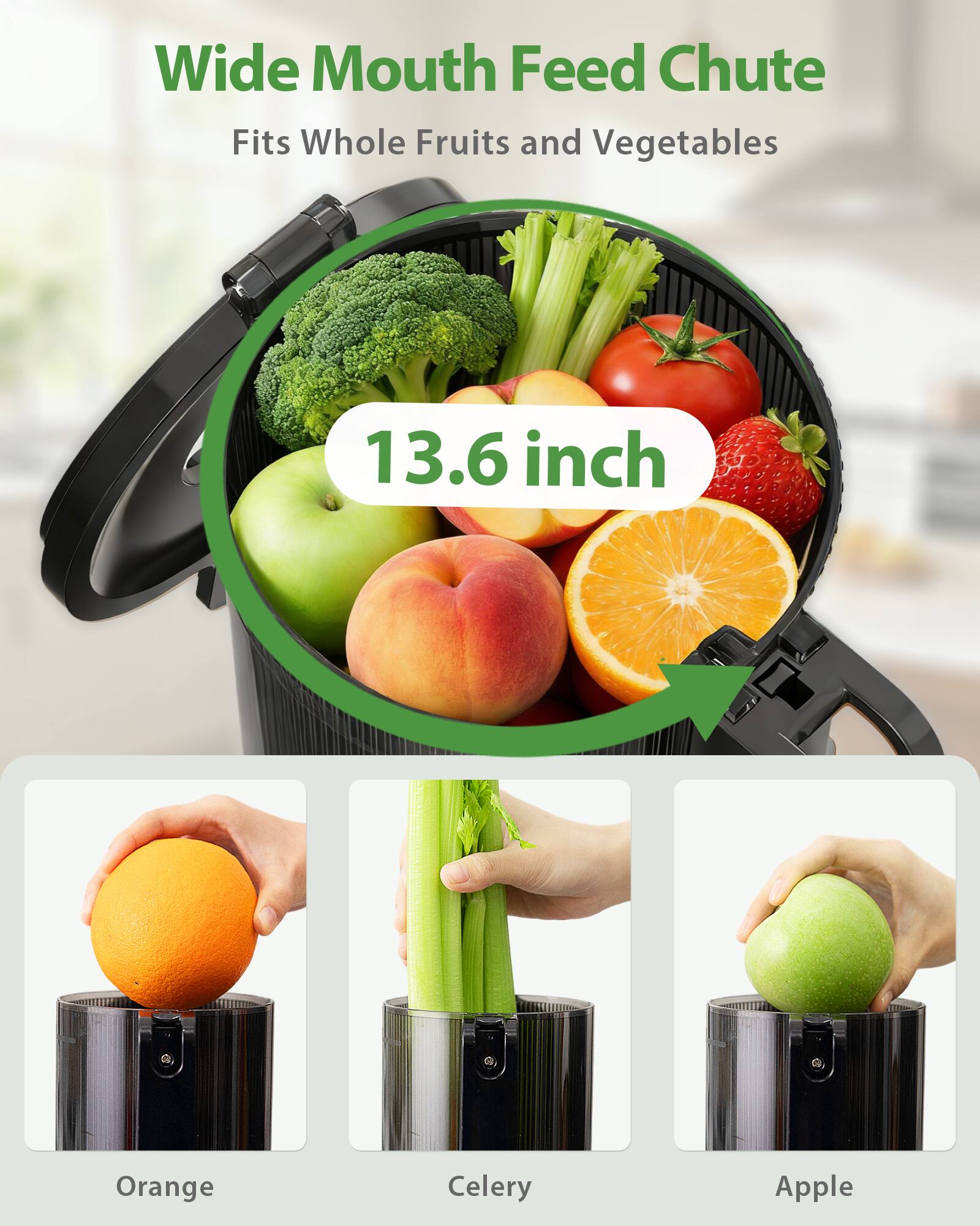 Wide Mouth Feed Chute  
Fits Whole Fruits and Vegetables  
13.6 inch  

Orange  
Celery  
Apple