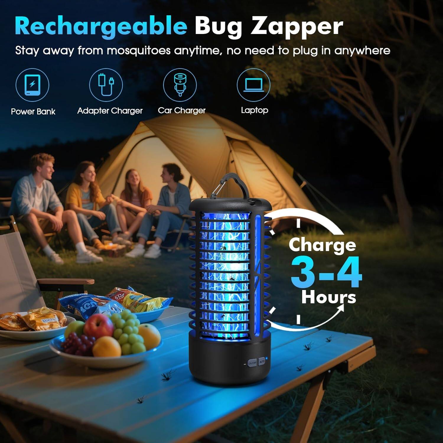 Rechargeable Bug Zapper  
Stay away from mosquitoes anytime, no need to plug in anywhere  

Power Bank  
Adapter Charger  
Car Charger  
Laptop  

Charge 3-4 Hours