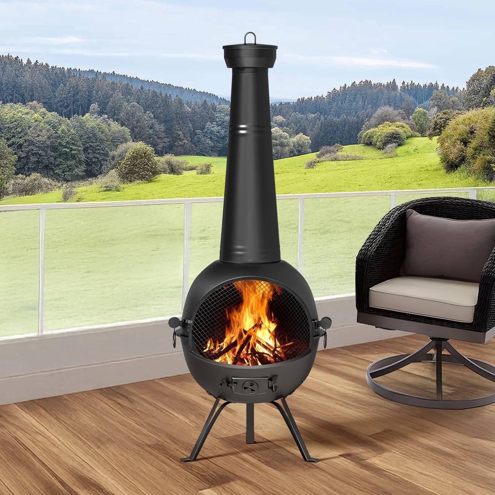 Alt View 2. KingChii - KingChii Chiminea Outdoor Fireplace – Wooden Fire Pit for Patio and Backyard with Cover in Black - Black.