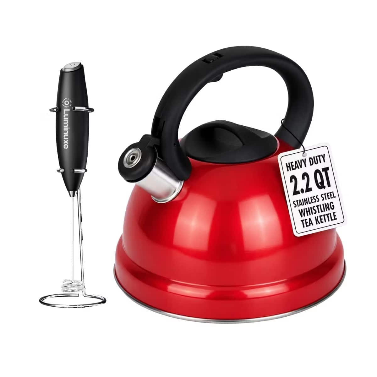 Luminuxe - Whistling Tea Kettle & Milk Frother Set, 2.2qt Stainless Steel Stove Top Kettle & Handheld Milk Frother with Stand - Red