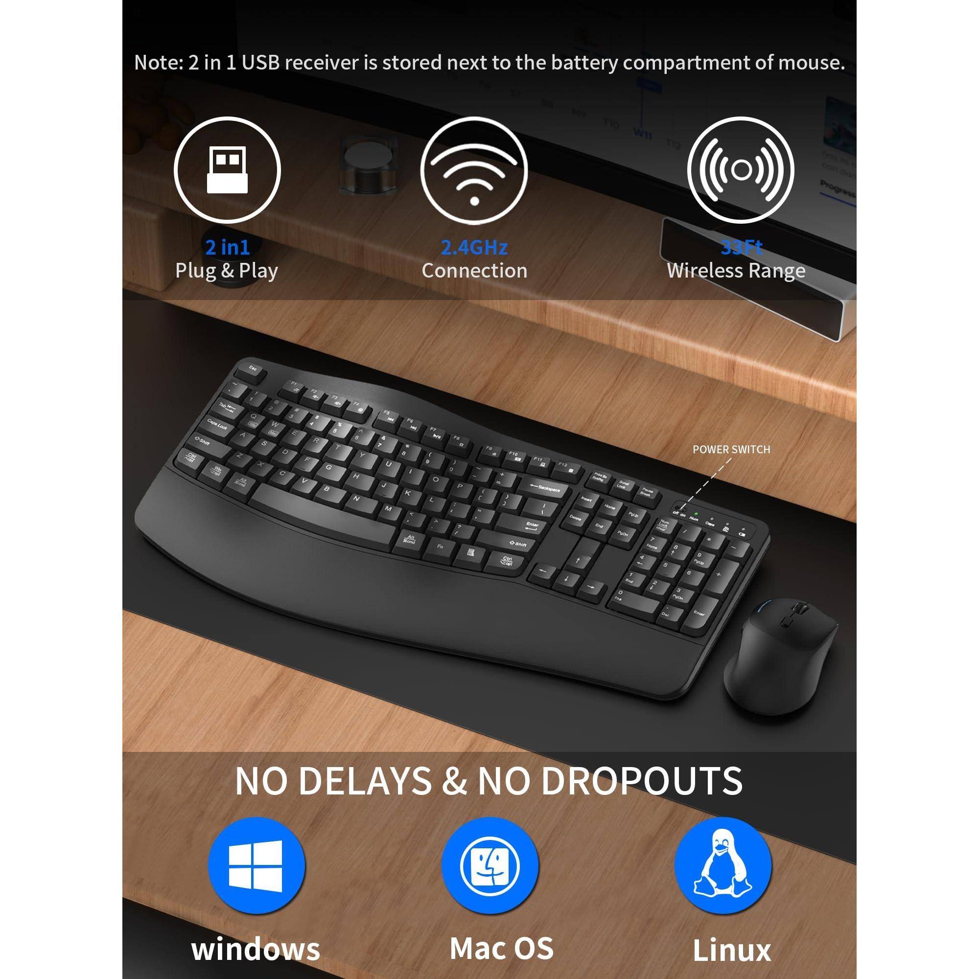 Note: 2 in 1 USB receiver is stored next to the battery compartment of mouse.

- 2 in 1 Plug & Play
- 2.4GHz Connection
- 33ft Wireless Range

NO DELAYS & NO DROPOUTS

- Windows
- Mac OS
- Linux