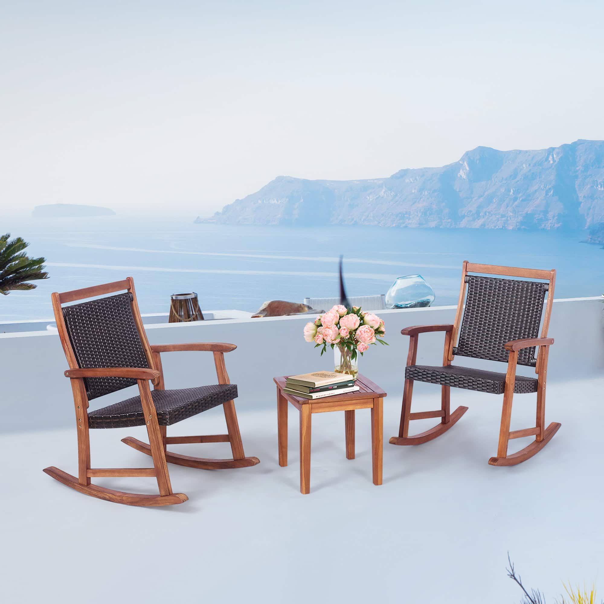 Gymax - 3PCS Patio Rocking Chair & Table Set Outdoor Conversation Bistro Set - Reddish Brown price history on PriceWatchPro