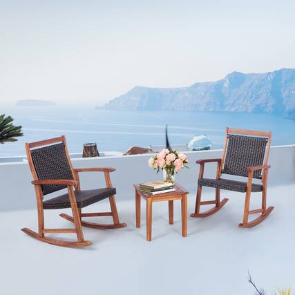 Front. Gymax - Gymax 3PCS Patio Rocking Chair & Table Set Outdoor Conversation Bistro Set - Reddish Brown.