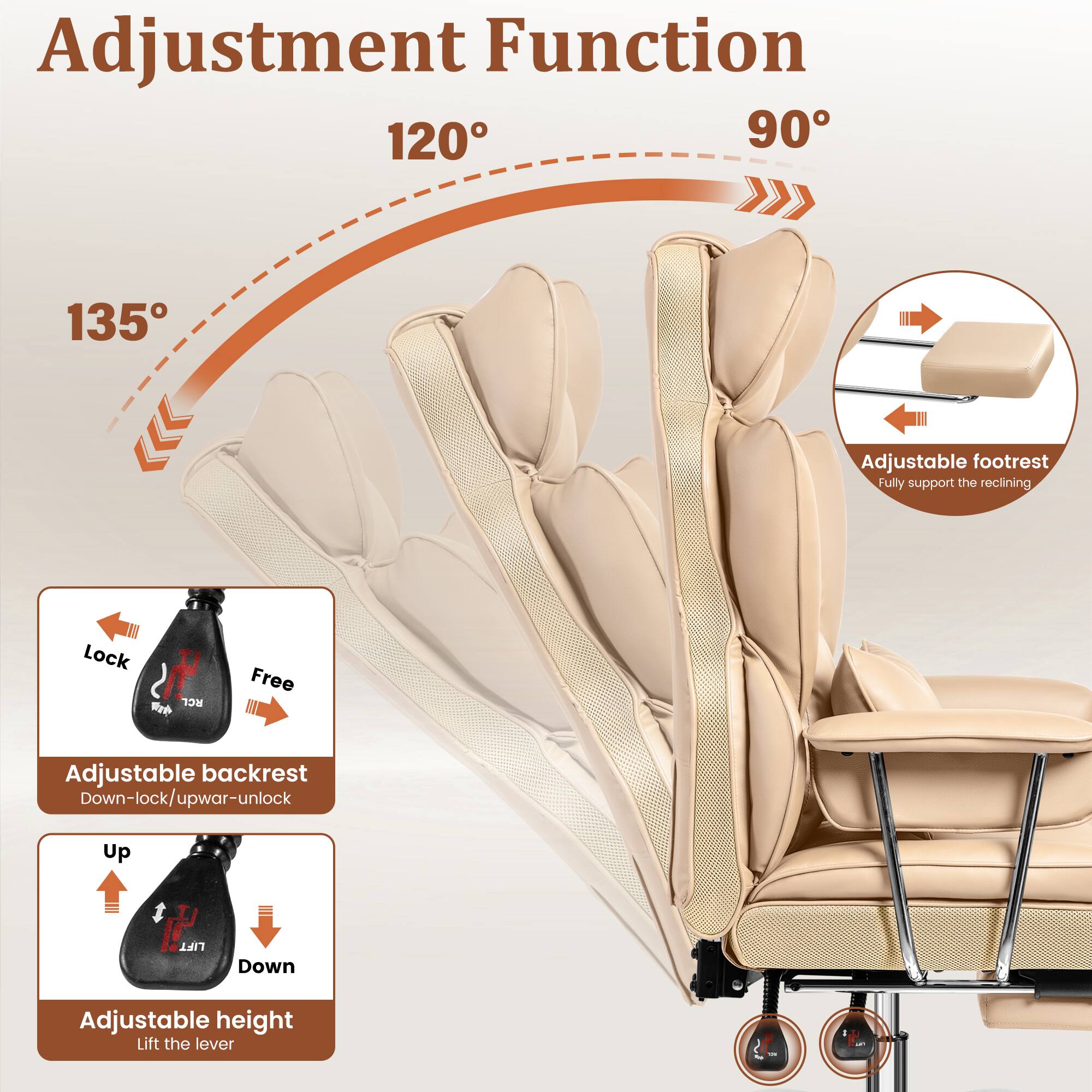 Adjustment Function

120° 90° 135°

Adjustable footrest  
Fully support the reclining

Adjustable backrest  
Down-lock/up-war-unlock

Adjustable height  
Lift the lever

Lock  
Free