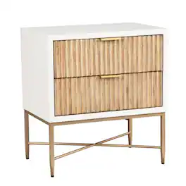 Manhattan Lane - Eli 26 Inch 2 Drawer Nightstand, Corrugated Panels, Metal Frame - White, Brown, Gold