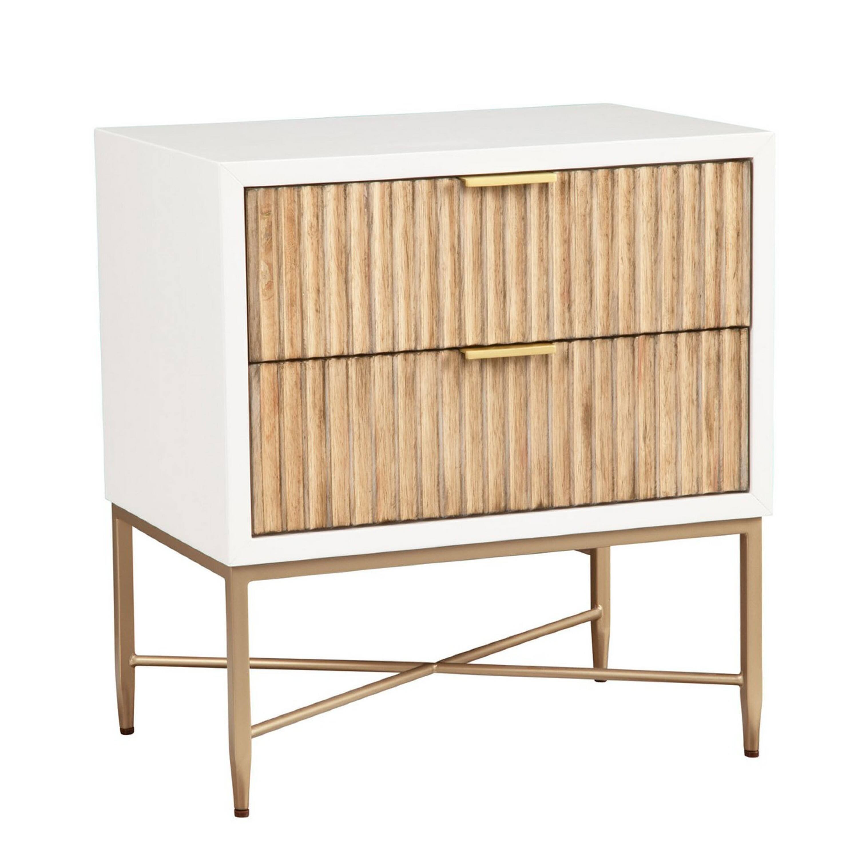 Front. Manhattan Lane - Eli 26 Inch 2 Drawer Nightstand, Corrugated Panels,  Metal Frame, - White, Brown, Gold.