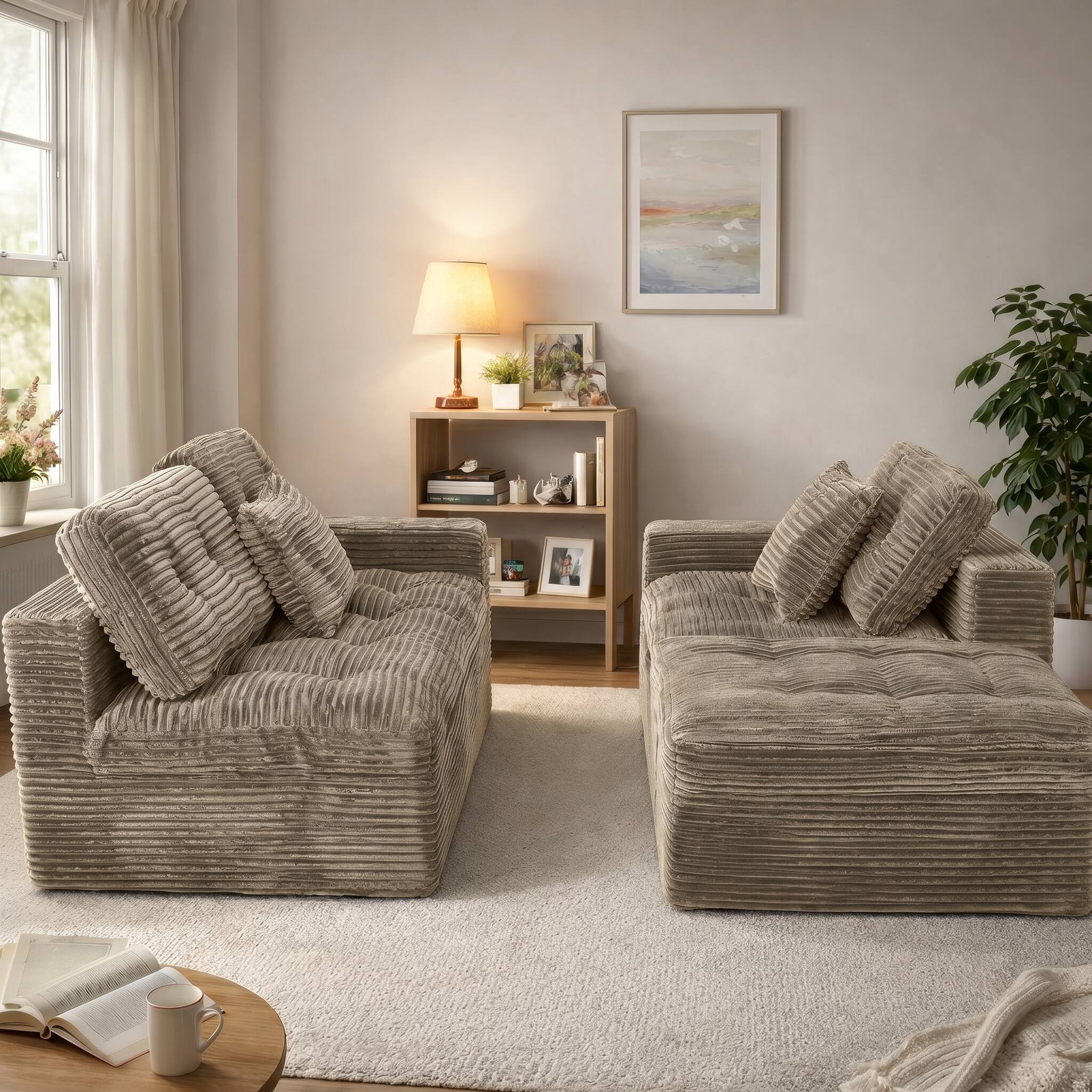 Alt View 2. Anysun - Modular Cloud Sofa Set, 105" DIY Sectional w/ Ottoman, Pure Foam, Faux Rabbit Fur Velvet, Living Room Couch - Khaki.