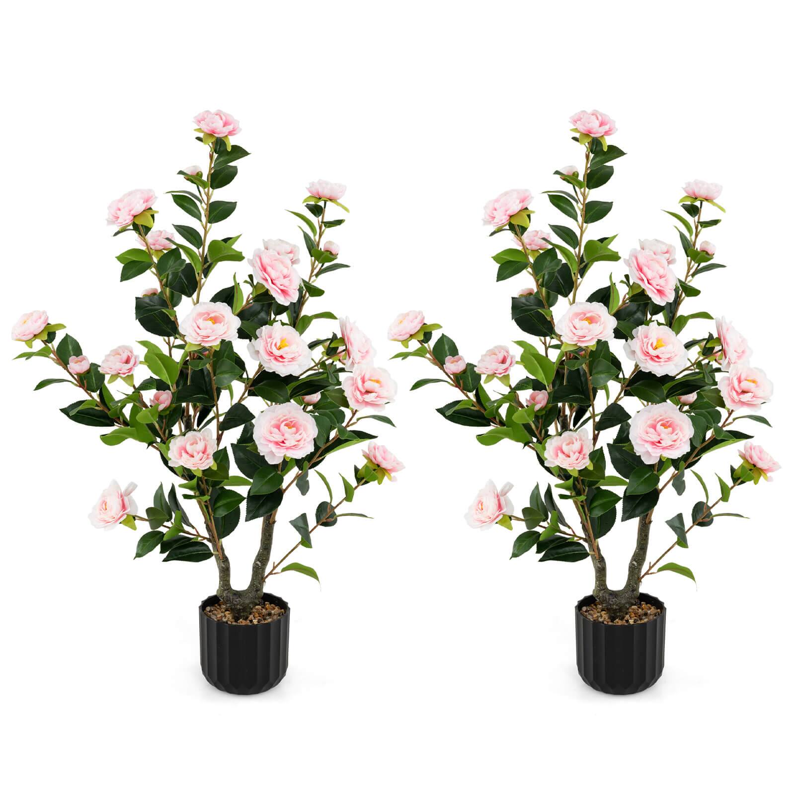 Front. Costway - Costway 2PCS 38" Artificial Camellia Tree Faux Floral Plant Fake Tree for Decoration - Pink.