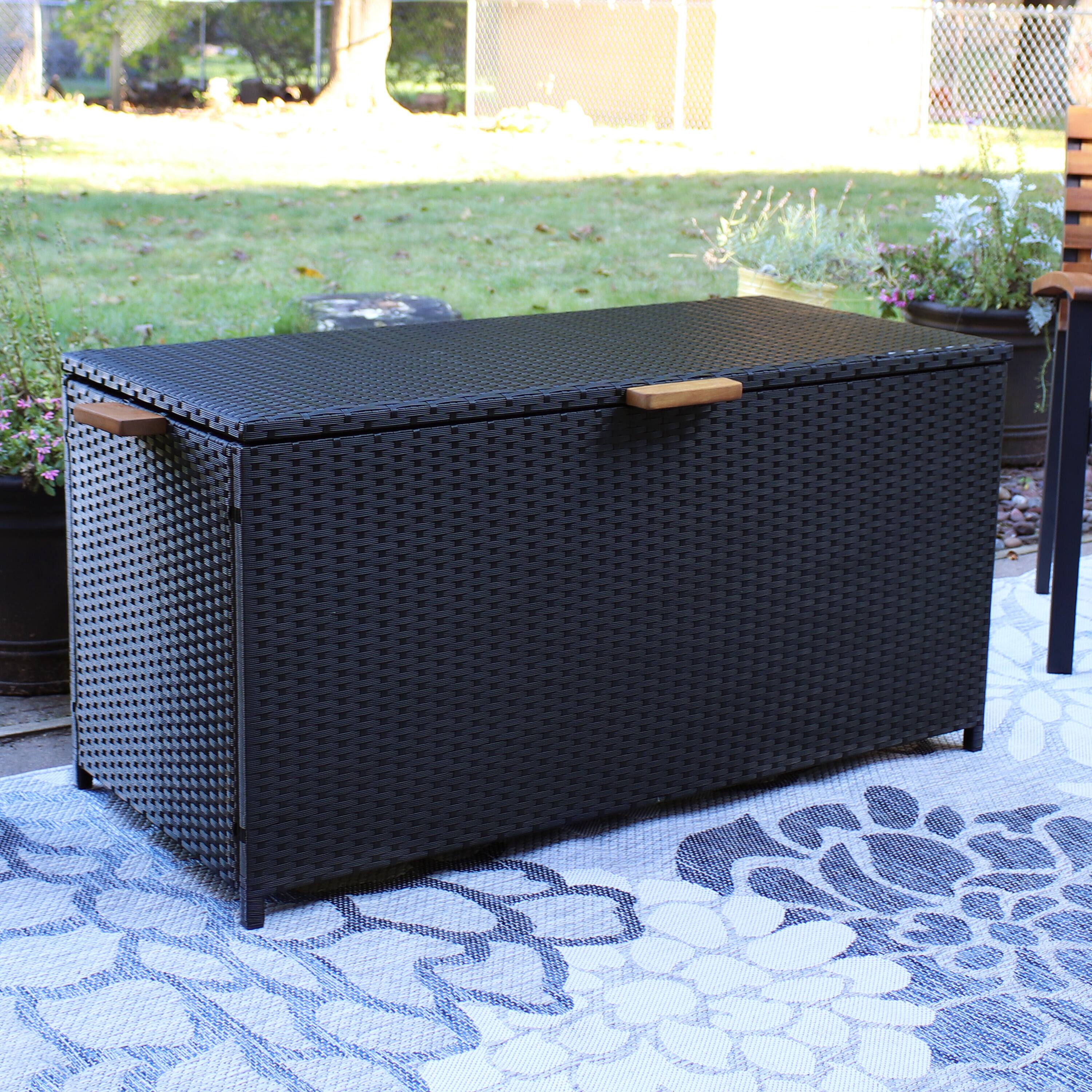Alt View 5. Sunnydaze - Resin Wicker Indoor/Outdoor Storage Deck Box with Handles - Black.