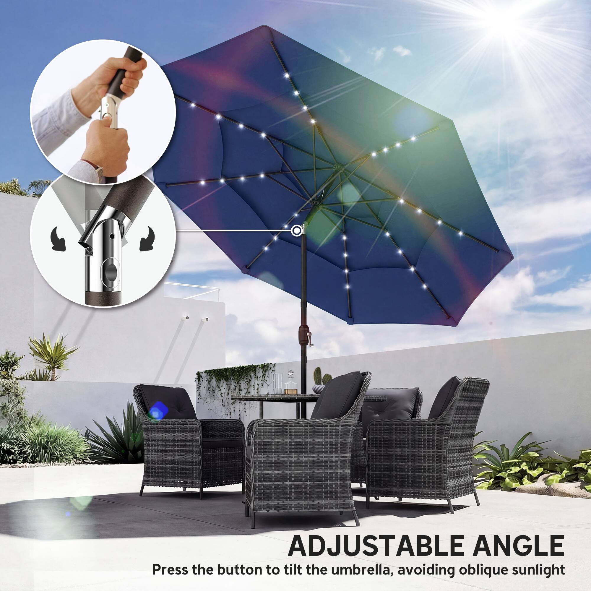 ADJUSTABLE ANGLE  
Press the button to tilt the umbrella, avoiding oblique sunlight