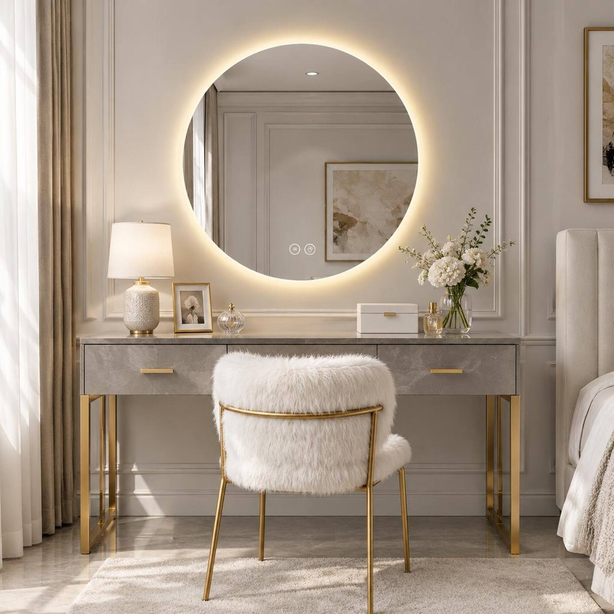 Alt View 2. RYHNUYNE - Round LED Bathroom Mirror, Wall Mounted Vanity Mirror, Anti Fog, Dimmable, 3 Color Temperatures, 5mm Glass - Silver.