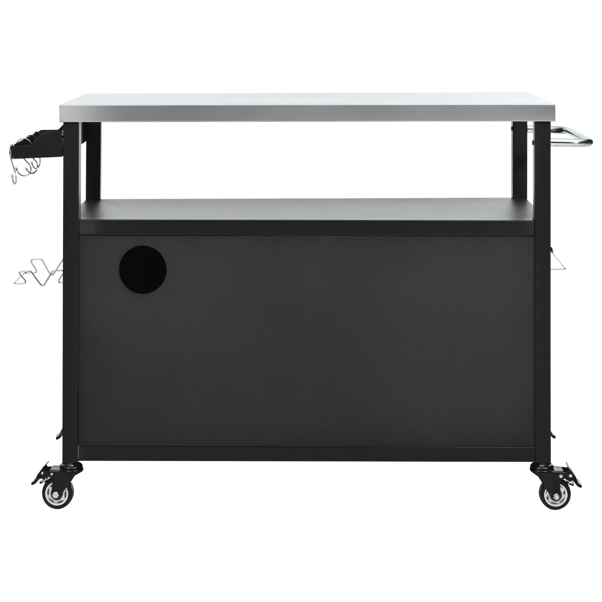 Back. PexFix - 54.5" Outdoor Kitchen Island with Stainless Top, Storage Cabinet & Spice Rack, Metal BBQ Grill Cart with Wheel for Patio - Black.