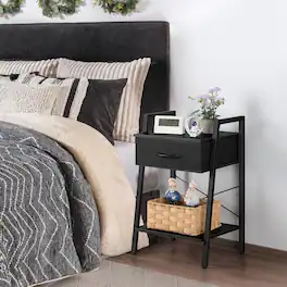 Oumilen - Nightstand with Charging Station, Industrial End Table with Fabric Drawer & Shelf - Black