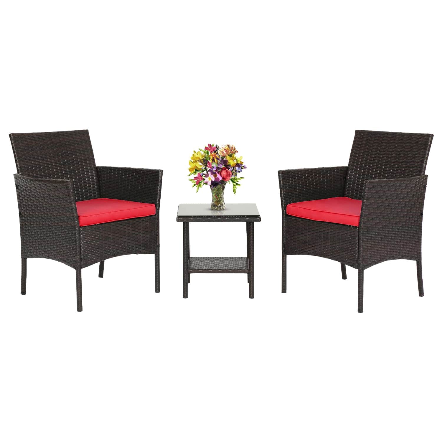 Fabibe - Wicker Outdoor Furniture Patio Furniture Set of 3 Rattan Patio Chairs Outdoor Chairs Patio Conversation Set with - Brown and Red 3 Pieces