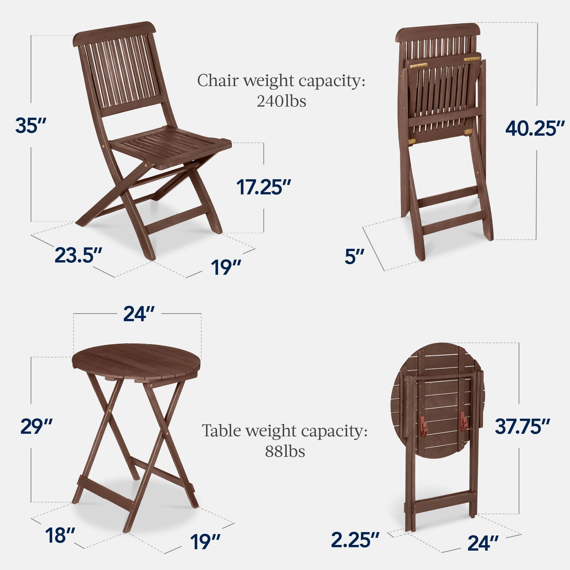 Chair weight capacity: 240lbs  
35"  
40.25"  
17.25"  
23.5"  
19"  
5"  

Table weight capacity: 88lbs  
37.75"  
24"  
29"  
18"  
19"  
2.25"